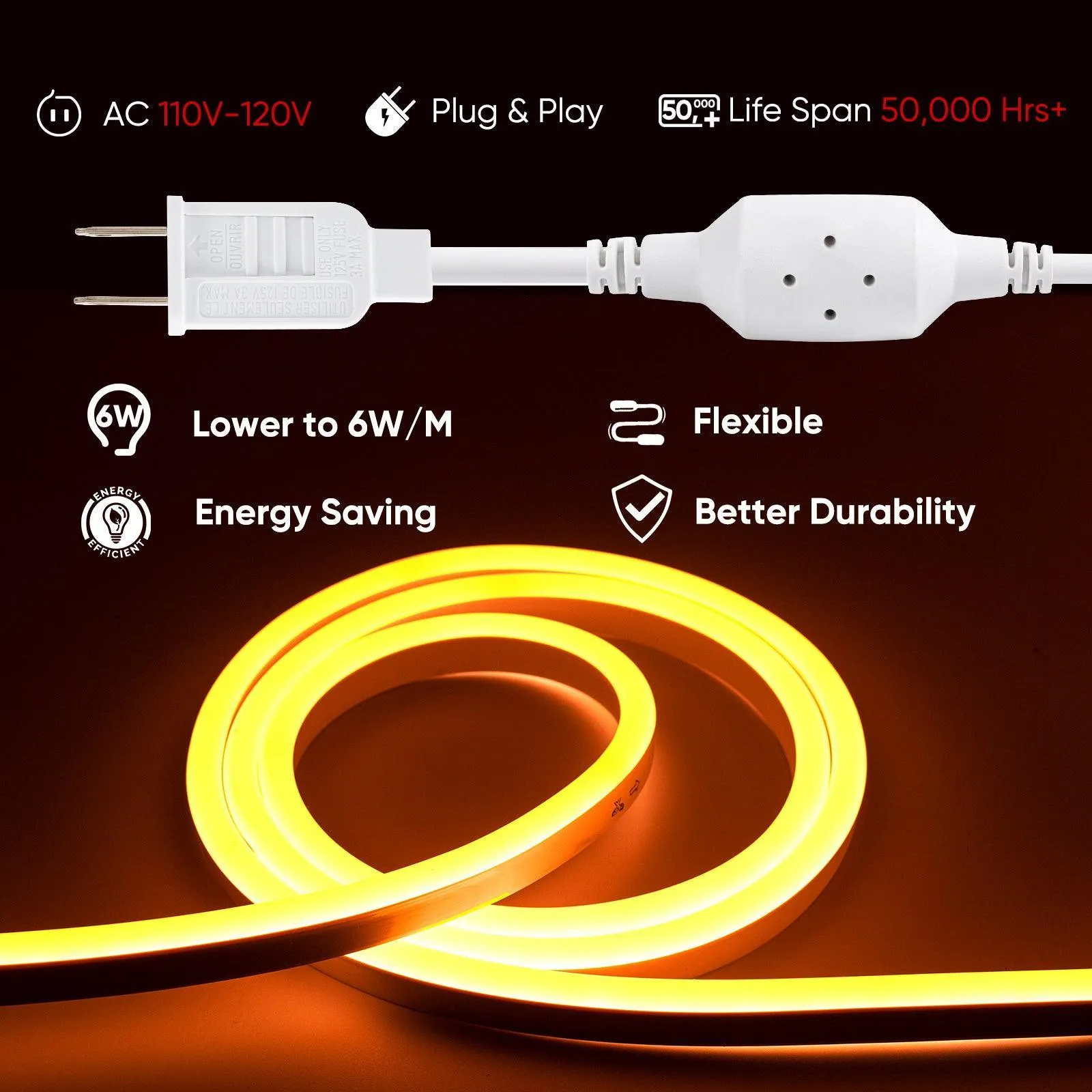 110V Eco Gold Yellow LED Neon Rope Light Medium-Priced Energy Efficient 189Lumens/M