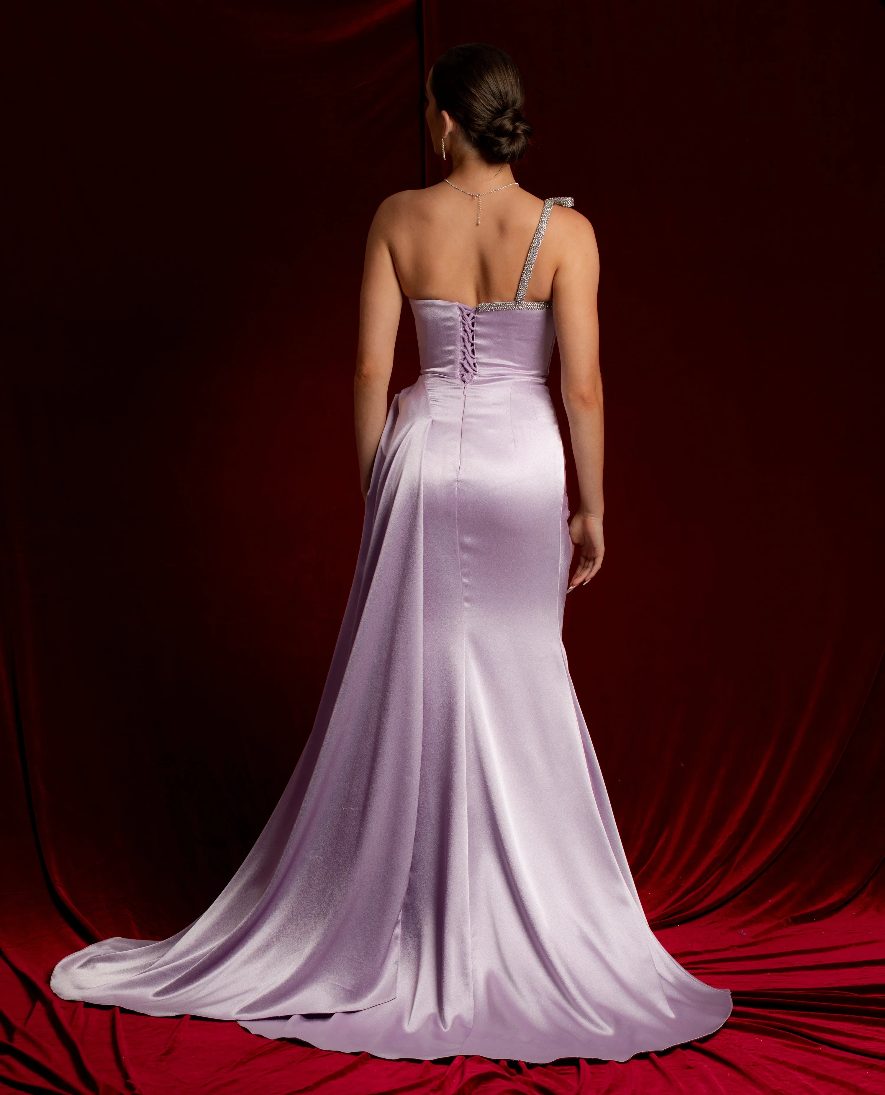 Baby Purple Satin with one off shoulder with ruching and a high slit for hire