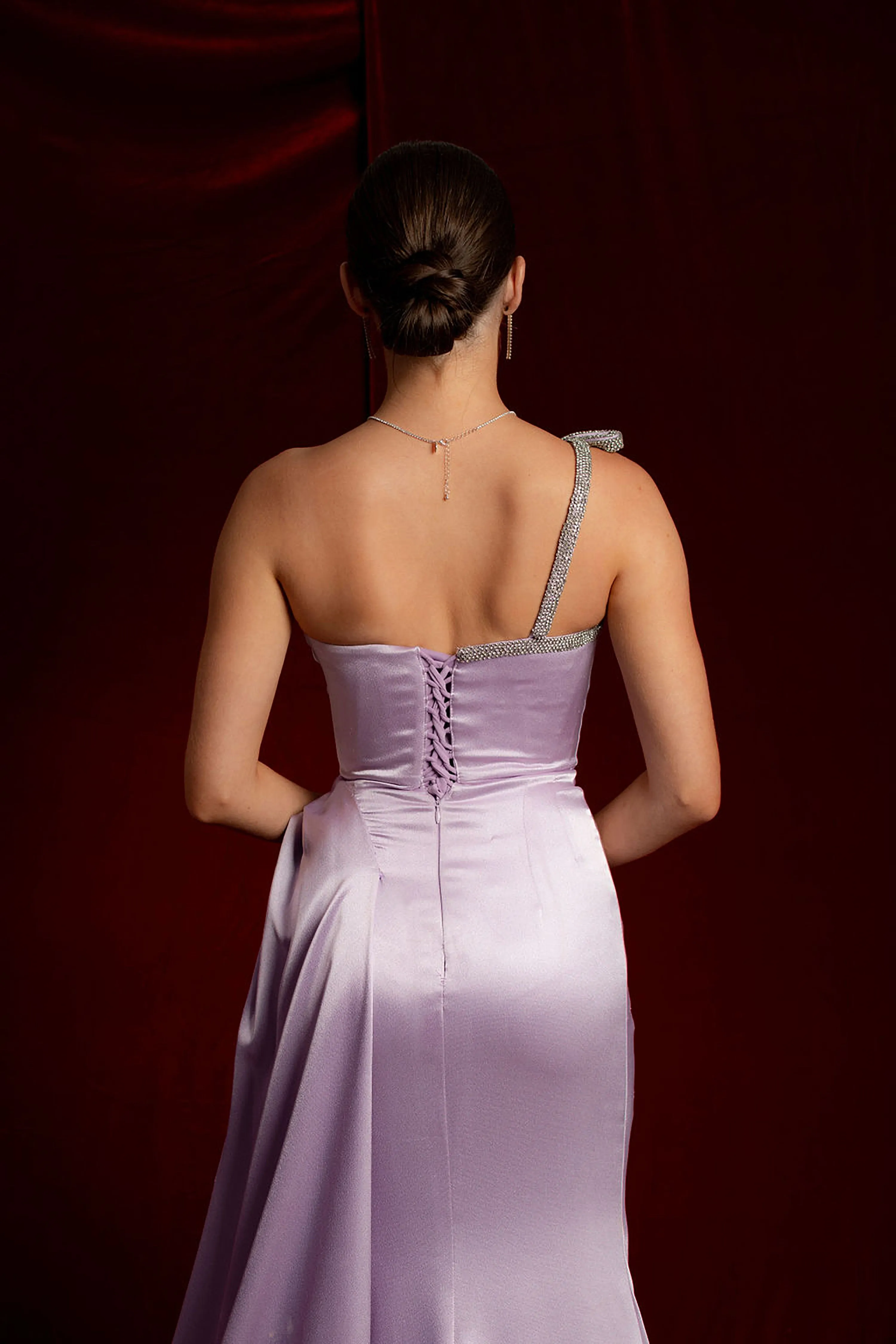 Baby Purple Satin with one off shoulder with ruching and a high slit for hire