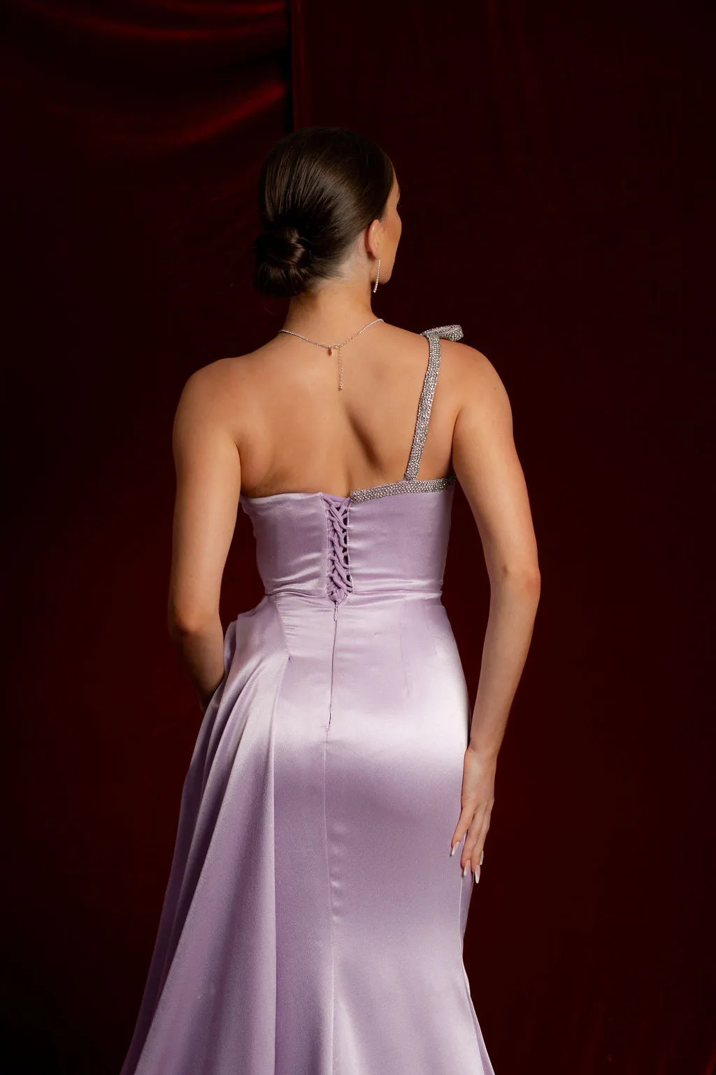 Baby Purple Satin with one off shoulder with ruching and a high slit for hire
