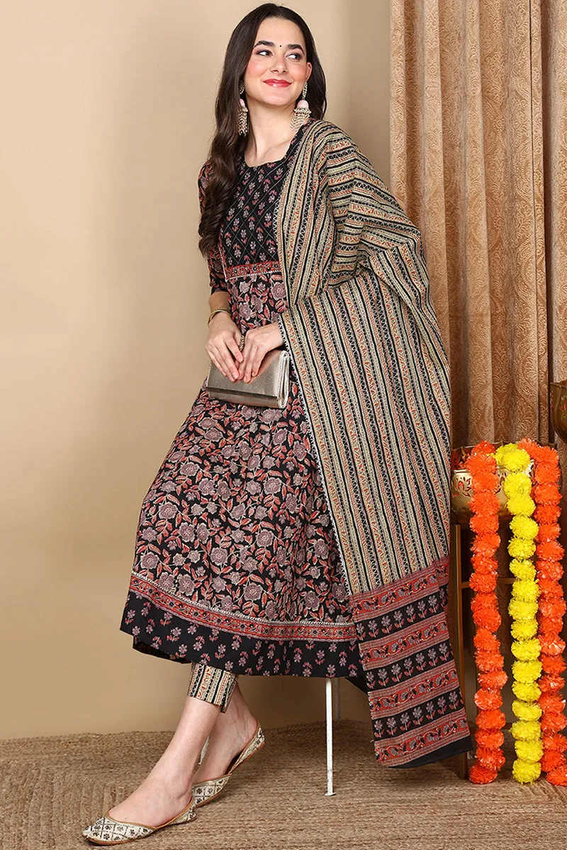 Beige Pure Cotton Floral Printed Flared Style Suit Set