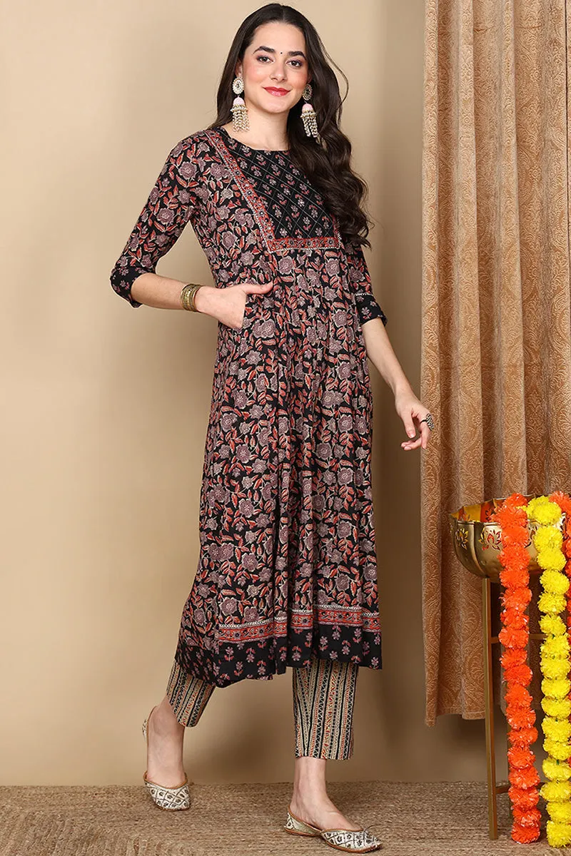 Beige Pure Cotton Floral Printed Flared Style Suit Set