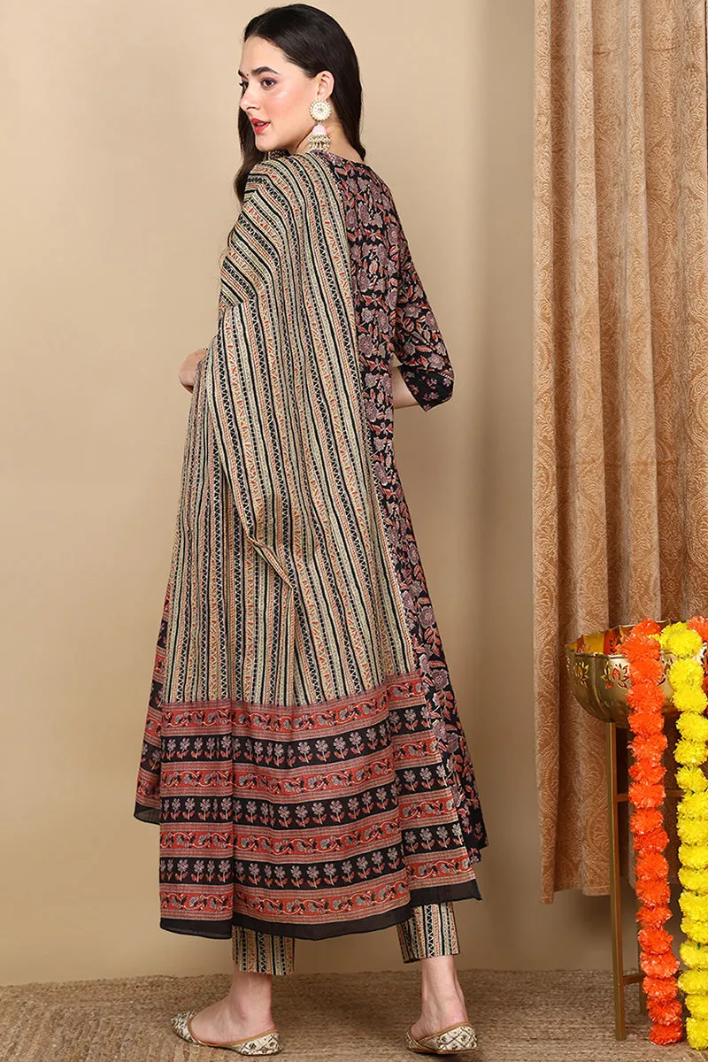 Beige Pure Cotton Floral Printed Flared Style Suit Set