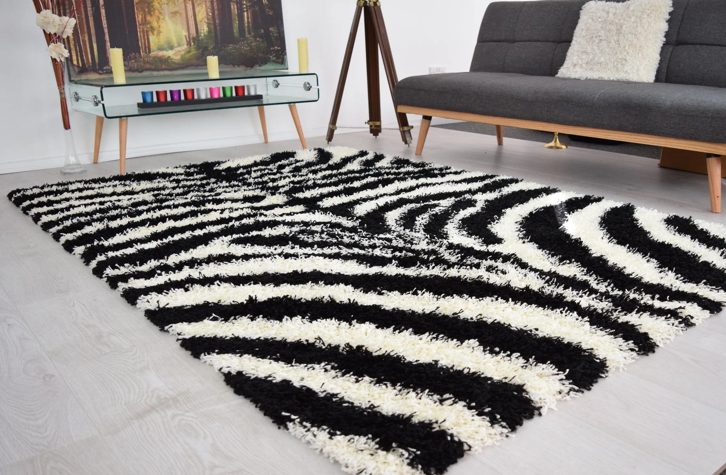 Black & White Zebra Print Thick Shaggy Rug - California