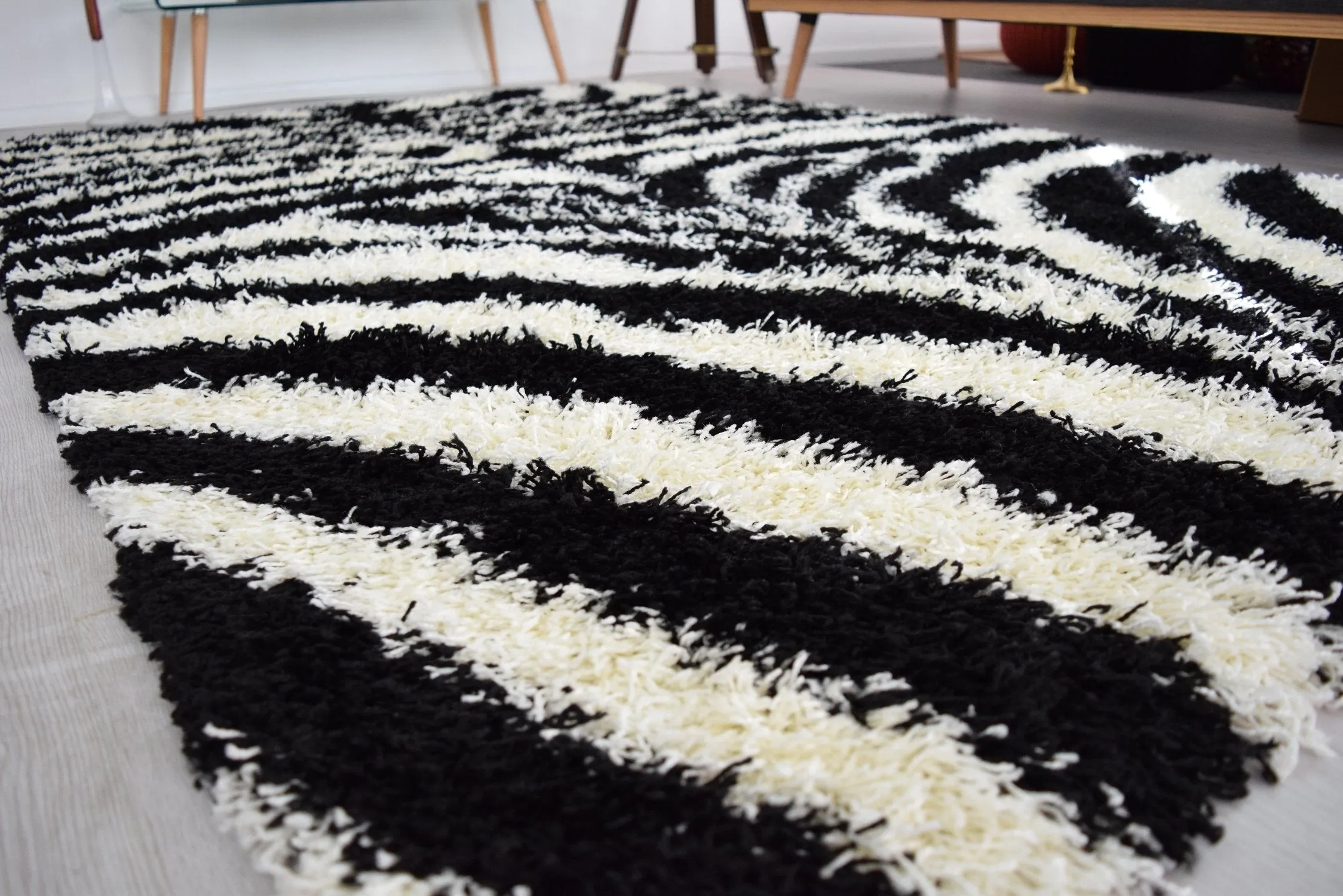 Black & White Zebra Print Thick Shaggy Rug - California