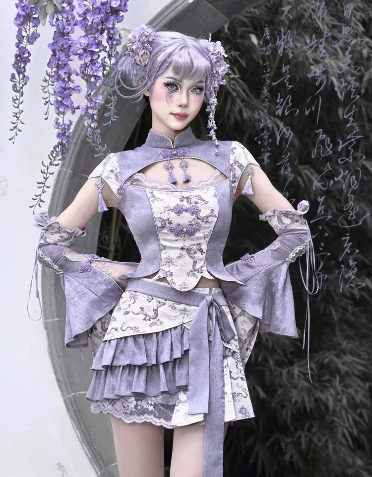 [Blood Supply] Dragon In Wisteria With Chinese Knot Crop Top