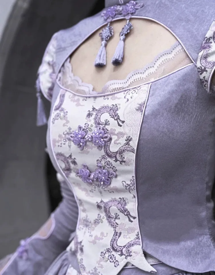 [Blood Supply] Dragon In Wisteria With Chinese Knot Crop Top