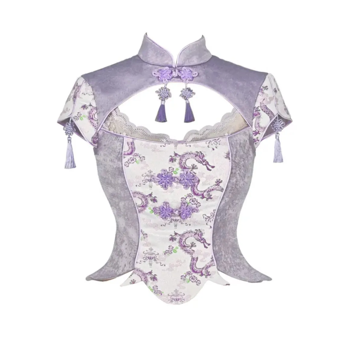 [Blood Supply] Dragon In Wisteria With Chinese Knot Crop Top