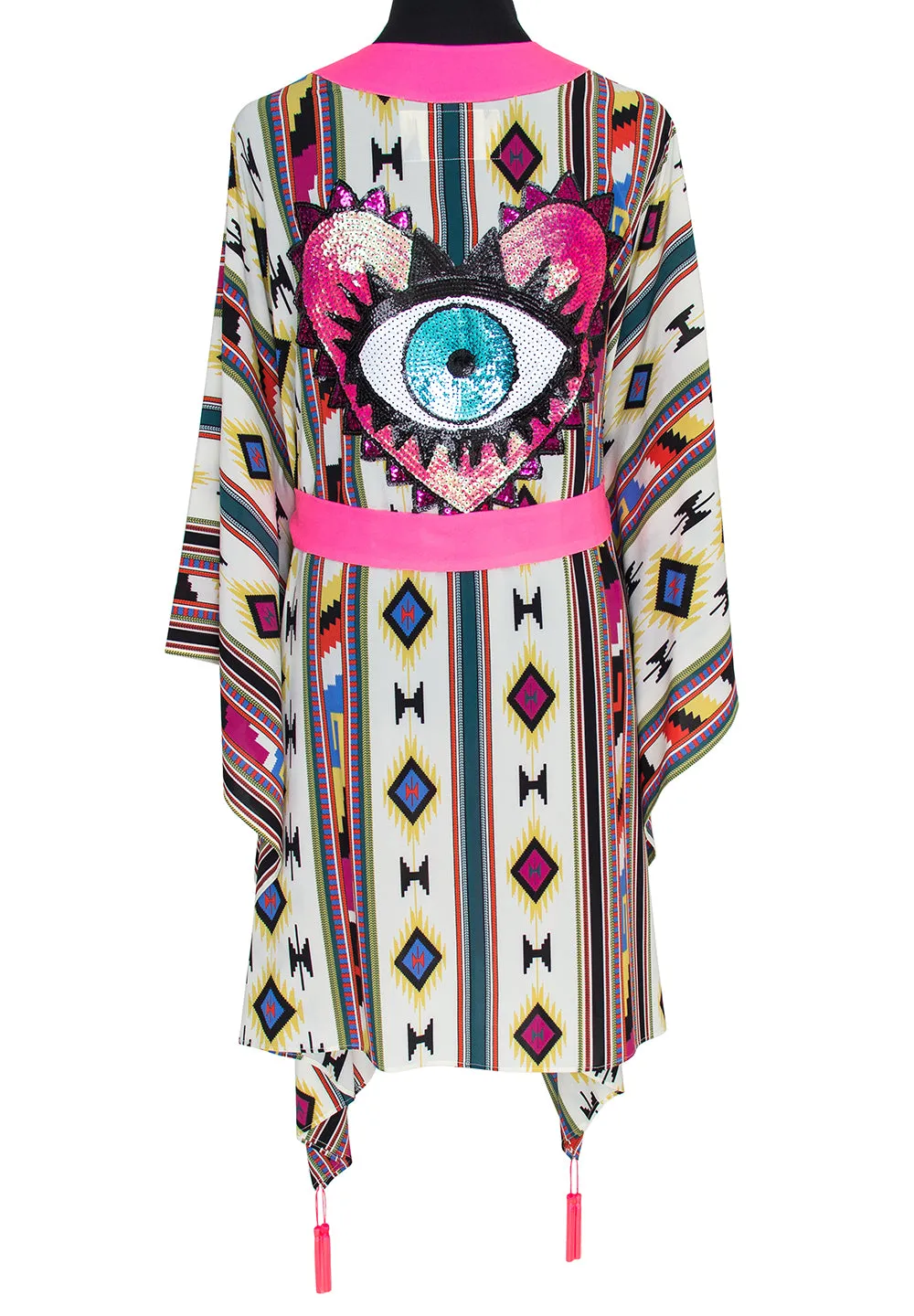 Boho - Pink Navajo Kimono Evil Eye (Neon Pink)