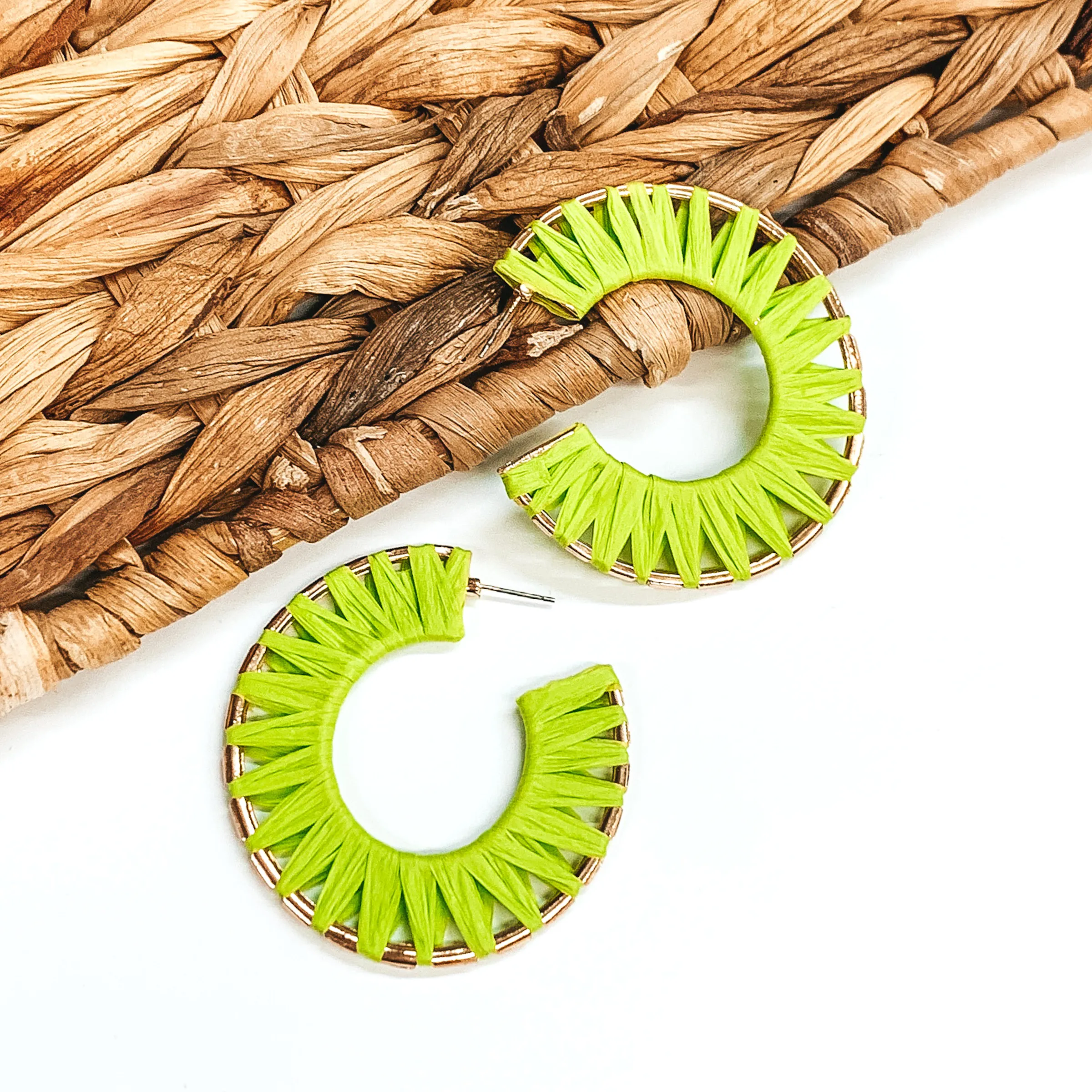 Cabana Bound Raffia Wrapped Gold Hoop Earrings in Lime Green