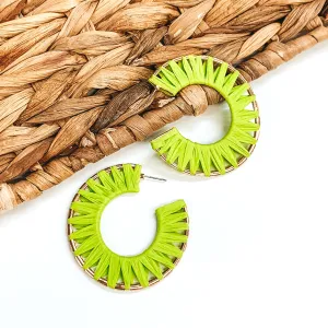 Cabana Bound Raffia Wrapped Gold Hoop Earrings in Lime Green