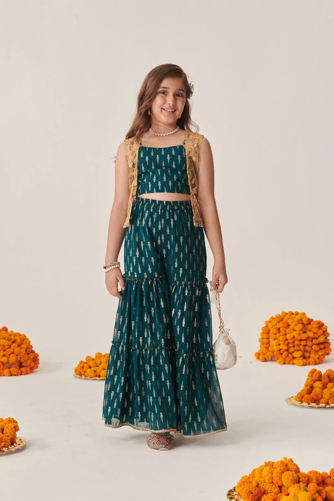 Girls Floral Printed Regular Top With Sharara