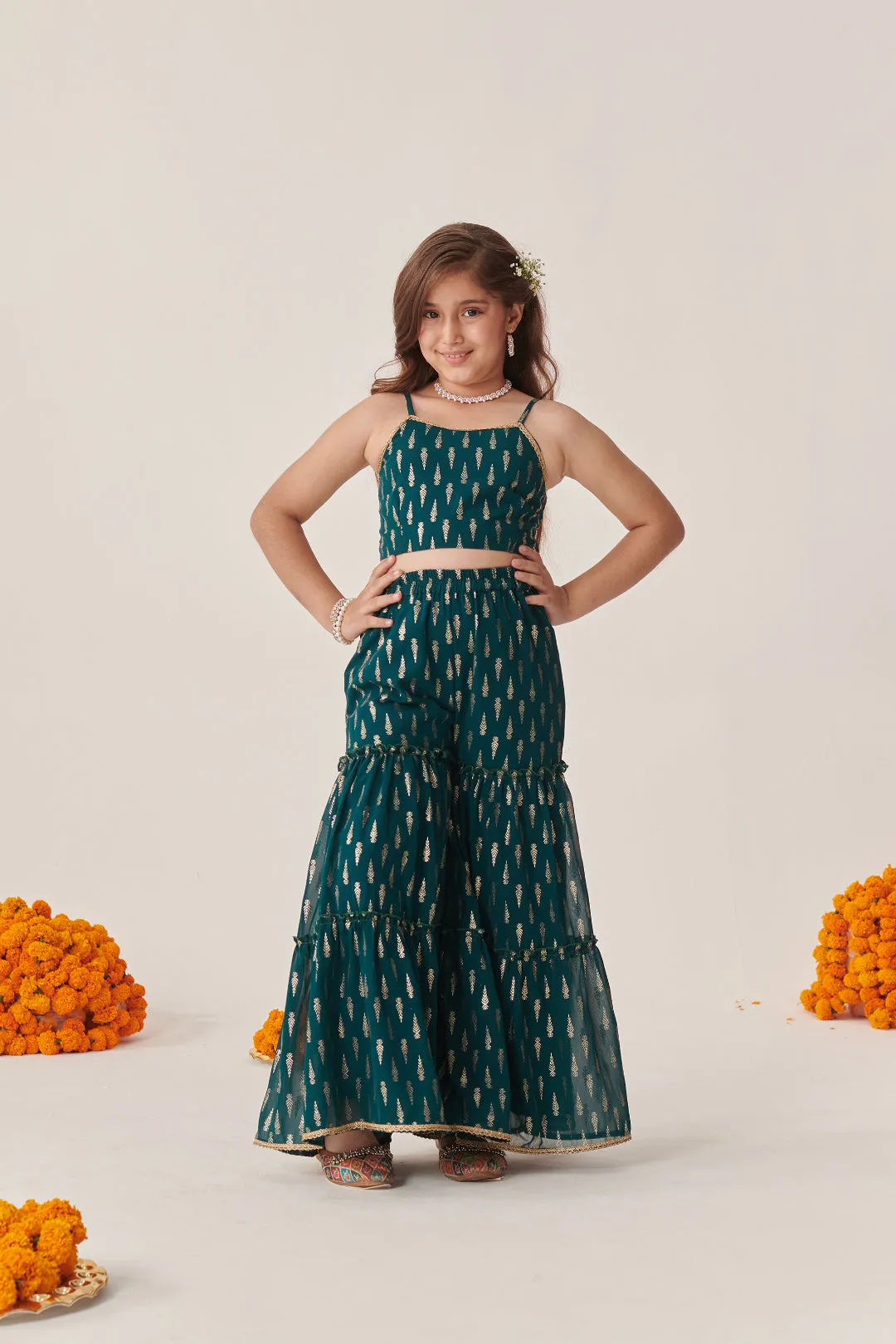 Girls Floral Printed Regular Top With Sharara