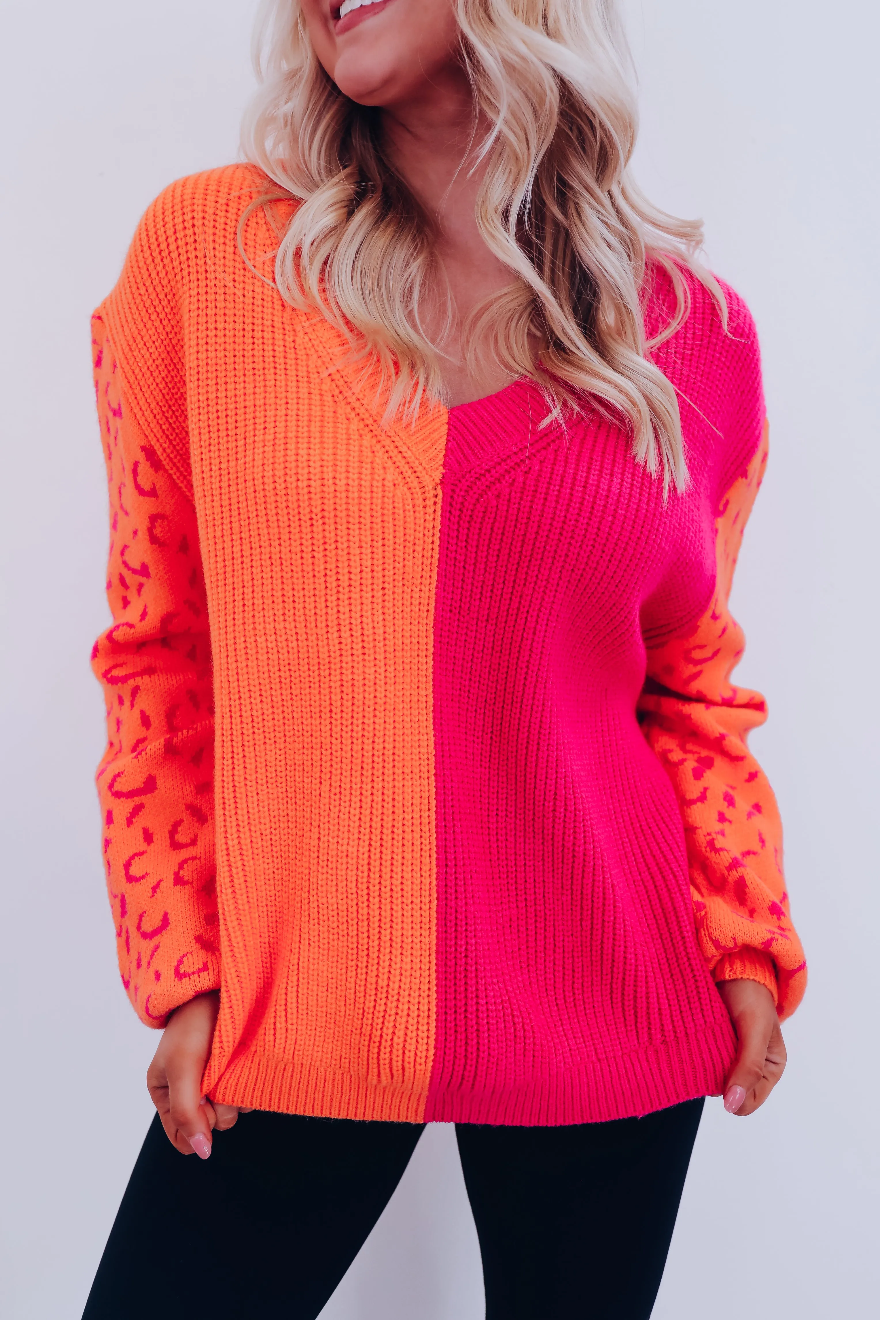 Illyanna Leopard Sleeve Oversized Sweater - Orange/Pink