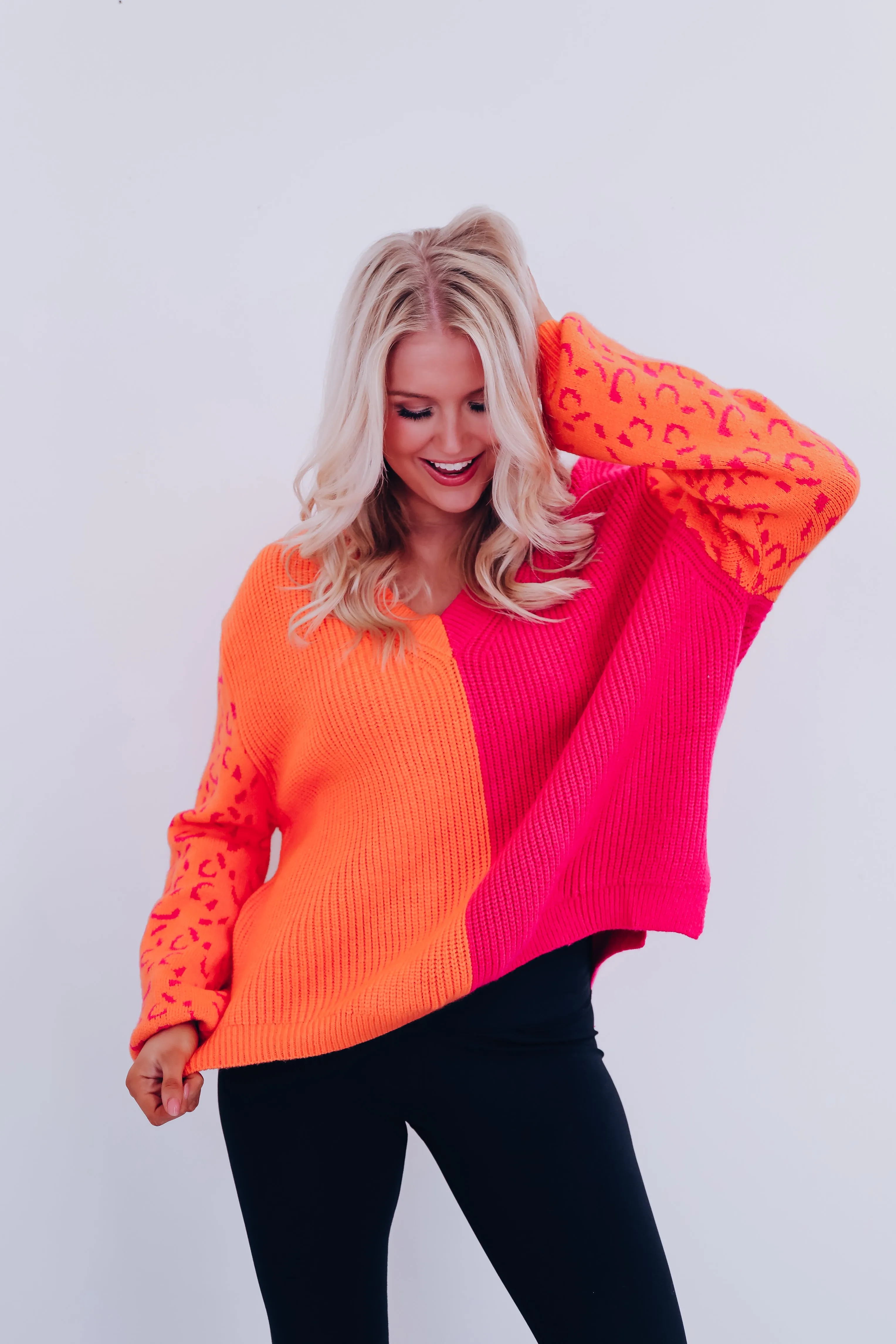 Illyanna Leopard Sleeve Oversized Sweater - Orange/Pink