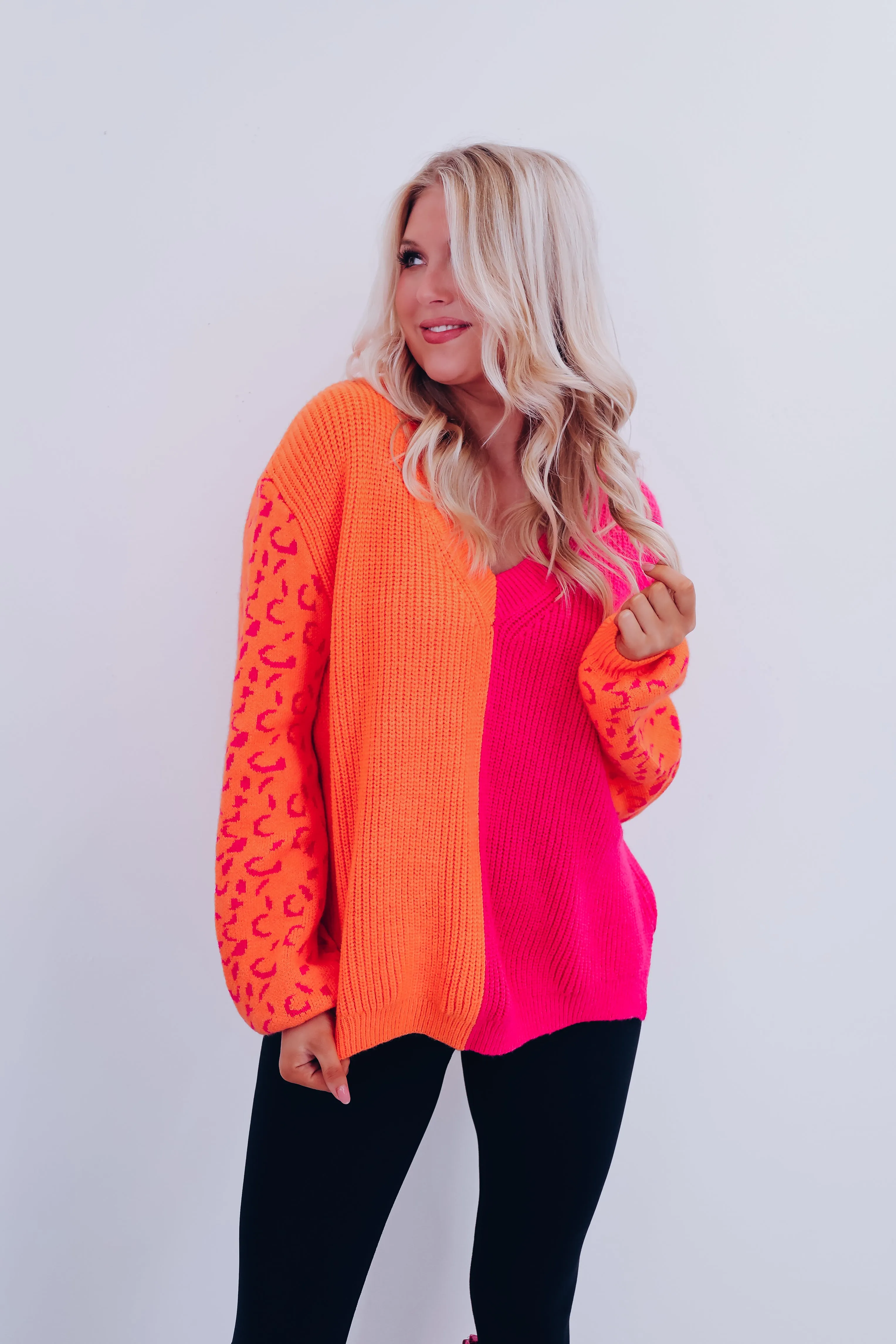Illyanna Leopard Sleeve Oversized Sweater - Orange/Pink