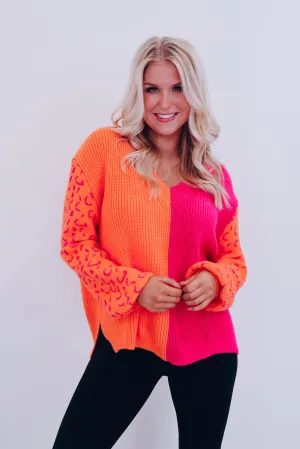 Illyanna Leopard Sleeve Oversized Sweater - Orange/Pink