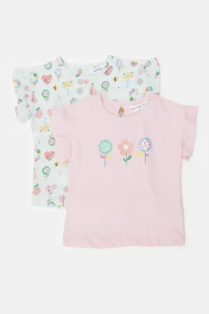 Infant Girls Pink And Mint Floral Print T-Shirt Set (Pack of 2)
