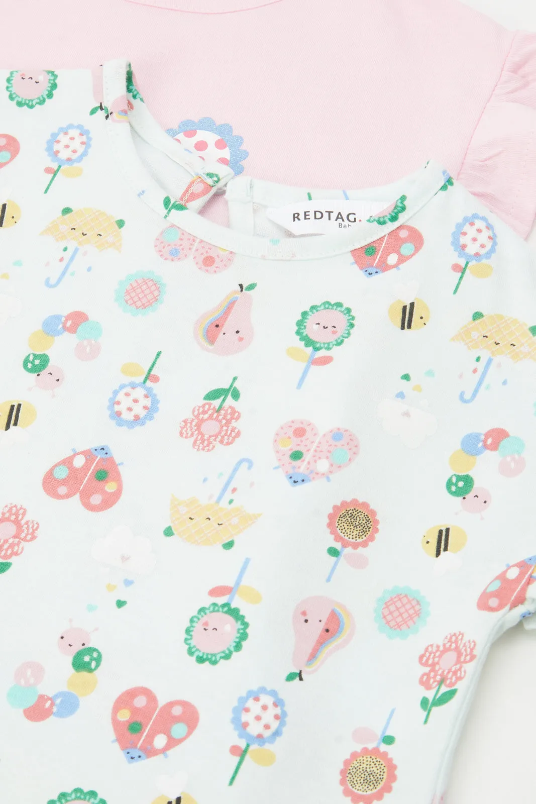 Infant Girls Pink And Mint Floral Print T-Shirt Set (Pack of 2)