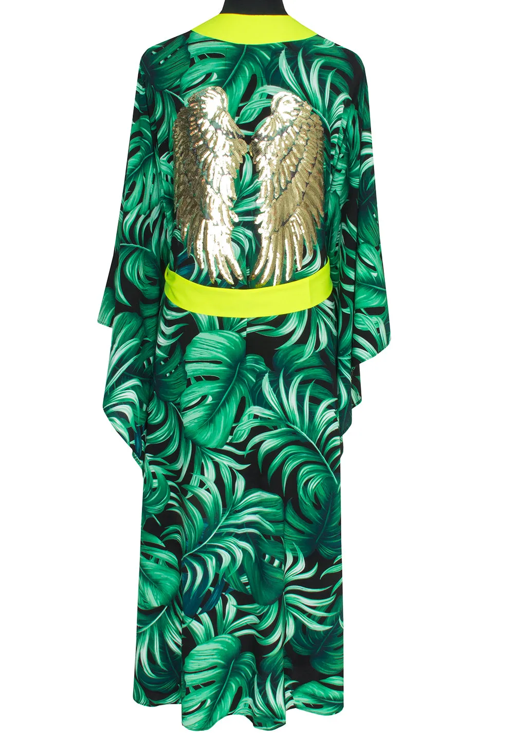 Jungle - Monstera Black / Green Kimono Wings (Neon Yellow) - Long