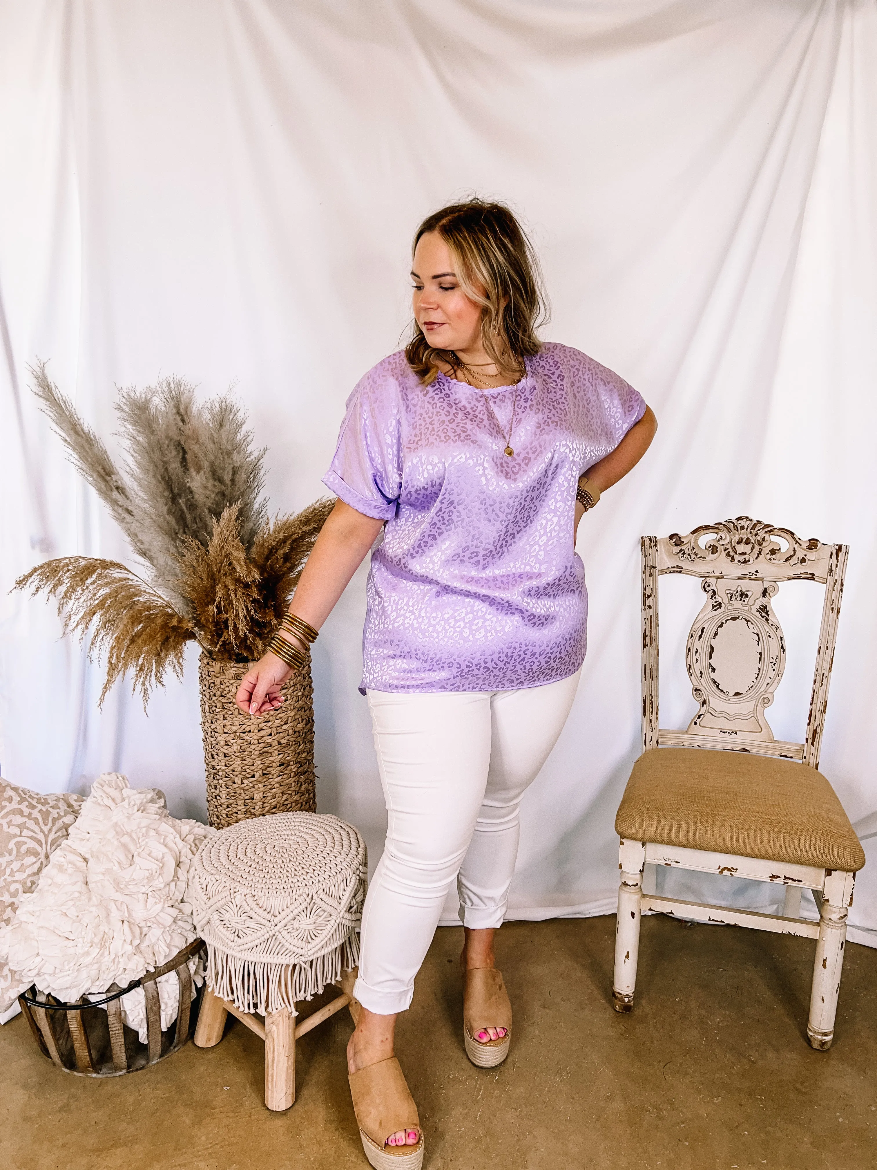 Last Chance Size 3XL | Complete Awe Short Sleeve Satin Leopard Print Top in Lavender
