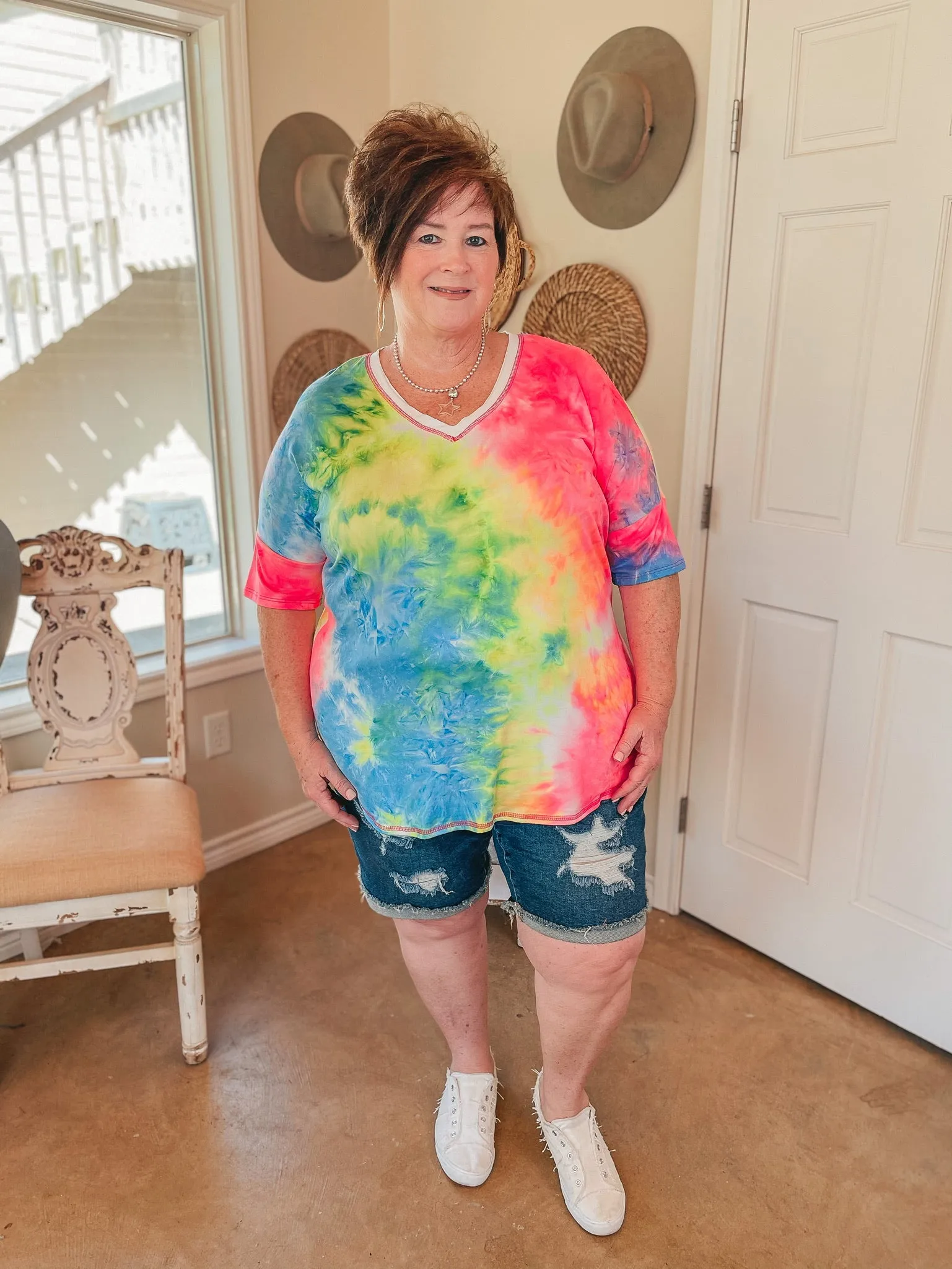 Last Chance Size Small & Med. | Bright Forecasts Tie Dye V Neck Top in Neon Pink, Yellow, and Blue