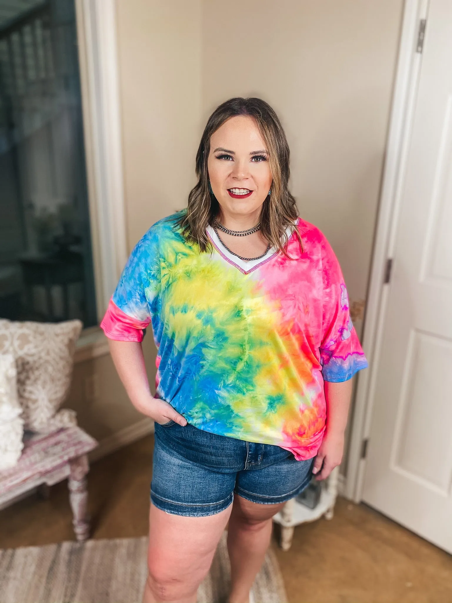 Last Chance Size Small & Med. | Bright Forecasts Tie Dye V Neck Top in Neon Pink, Yellow, and Blue