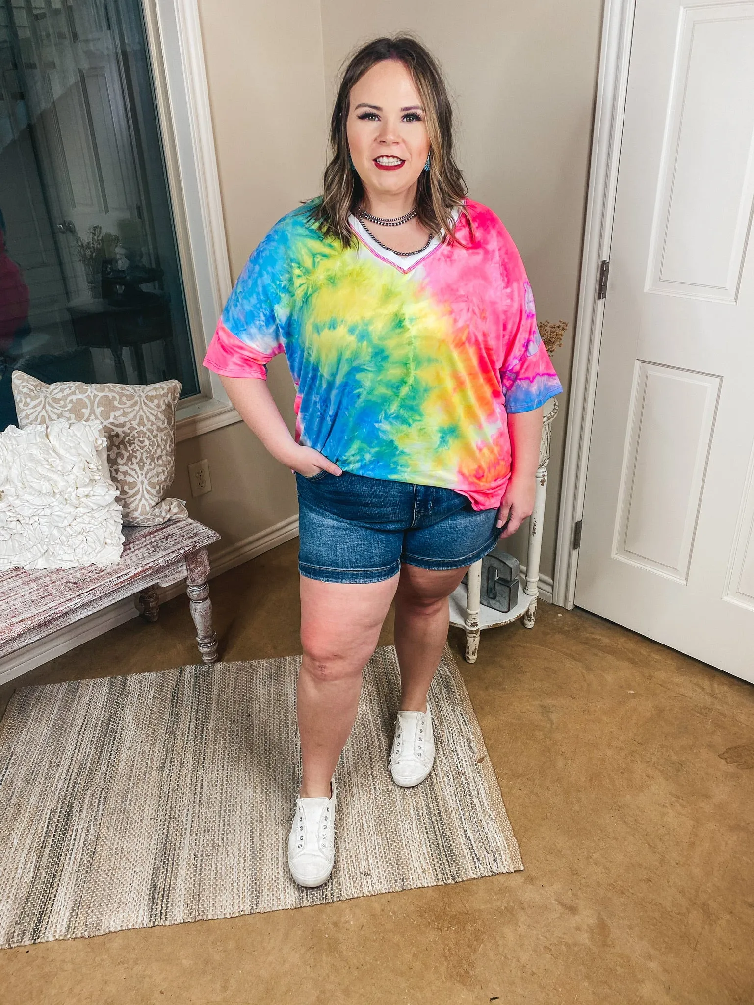 Last Chance Size Small & Med. | Bright Forecasts Tie Dye V Neck Top in Neon Pink, Yellow, and Blue