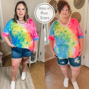 Last Chance Size Small & Med. | Bright Forecasts Tie Dye V Neck Top in Neon Pink, Yellow, and Blue