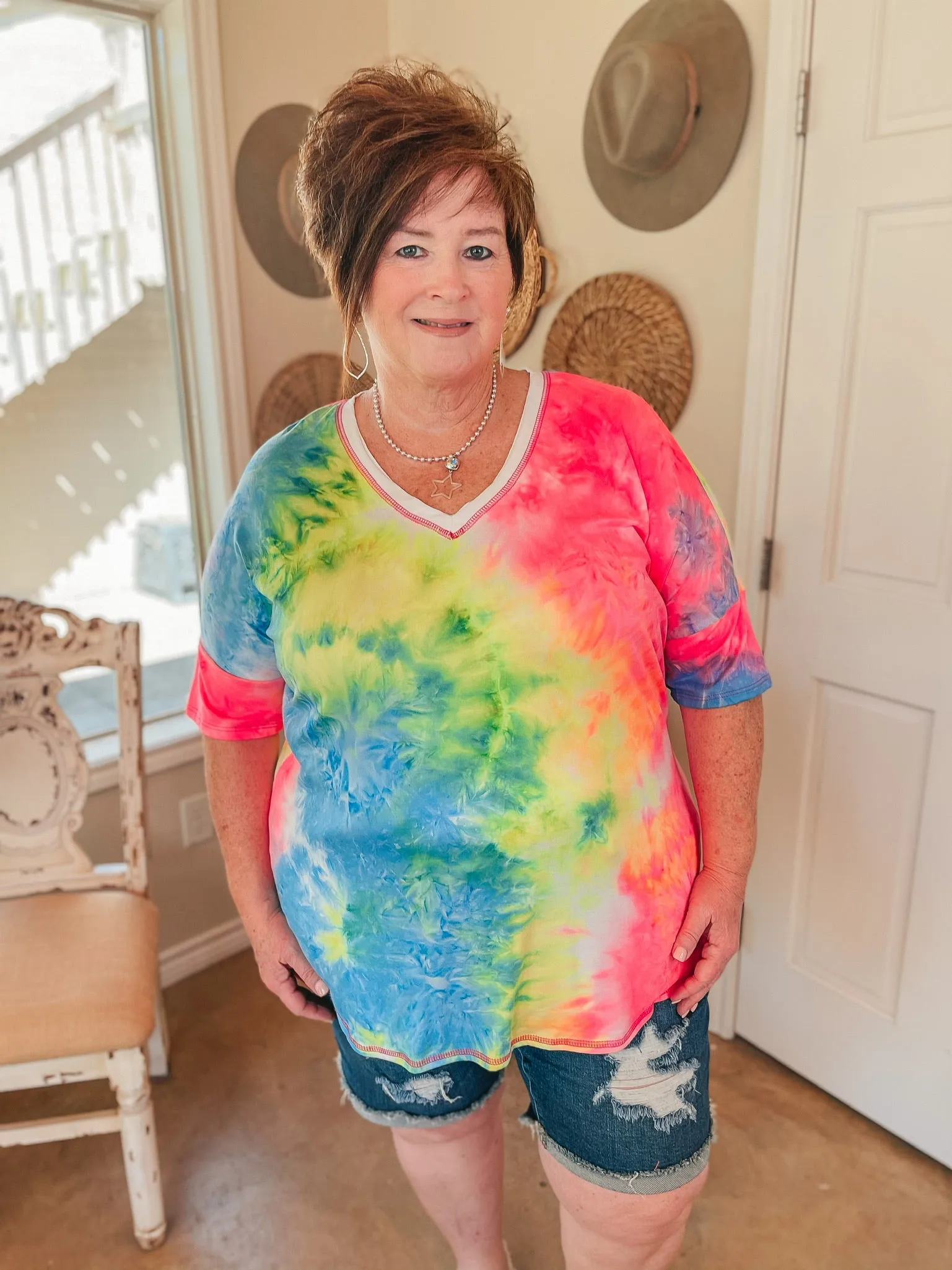 Last Chance Size Small & Med. | Bright Forecasts Tie Dye V Neck Top in Neon Pink, Yellow, and Blue