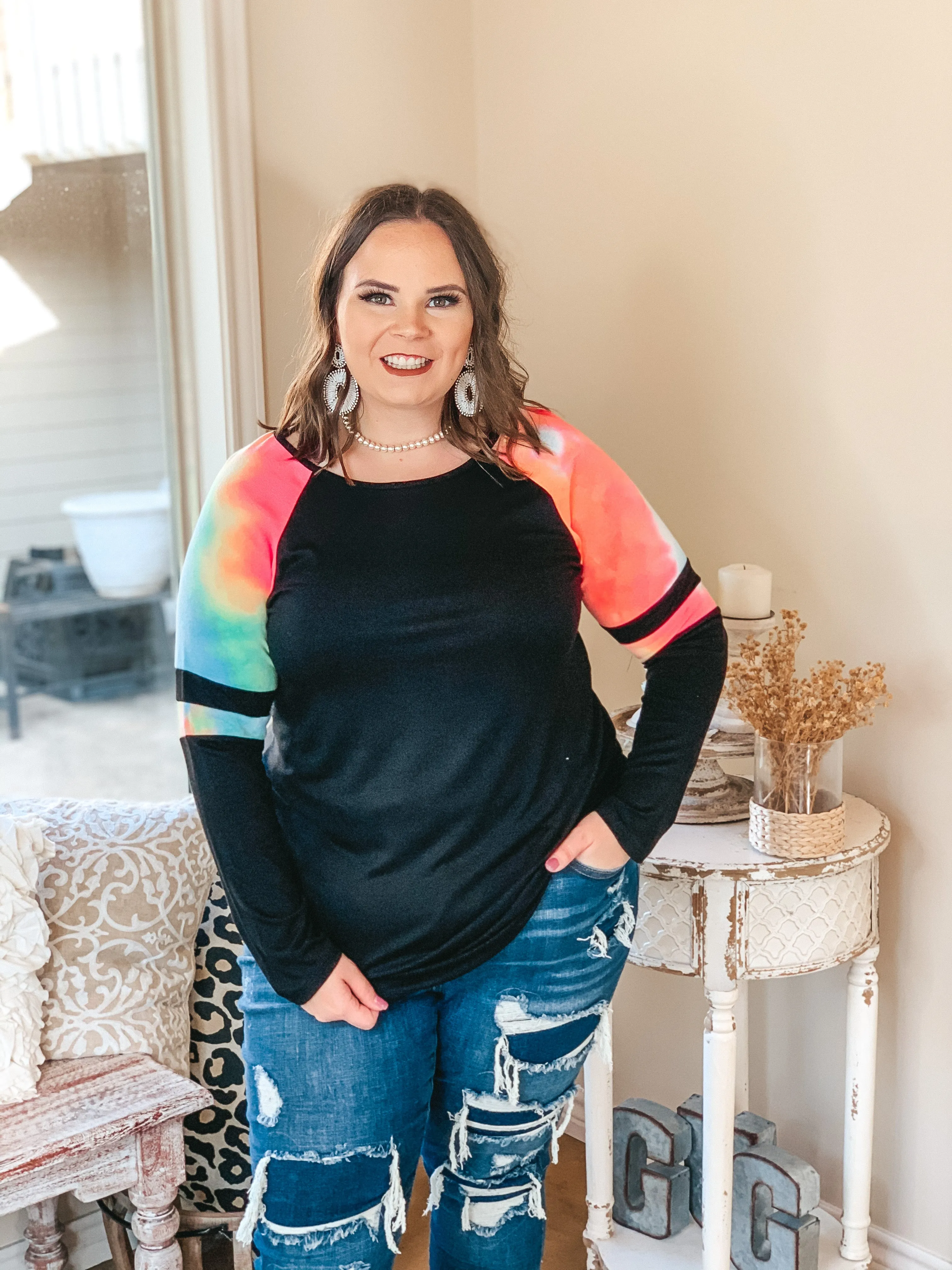 Last Chance Small | Back Again Long Sleeve Pullover Top with Neon Tie Dye Varsity Stripe Shoulder in Black