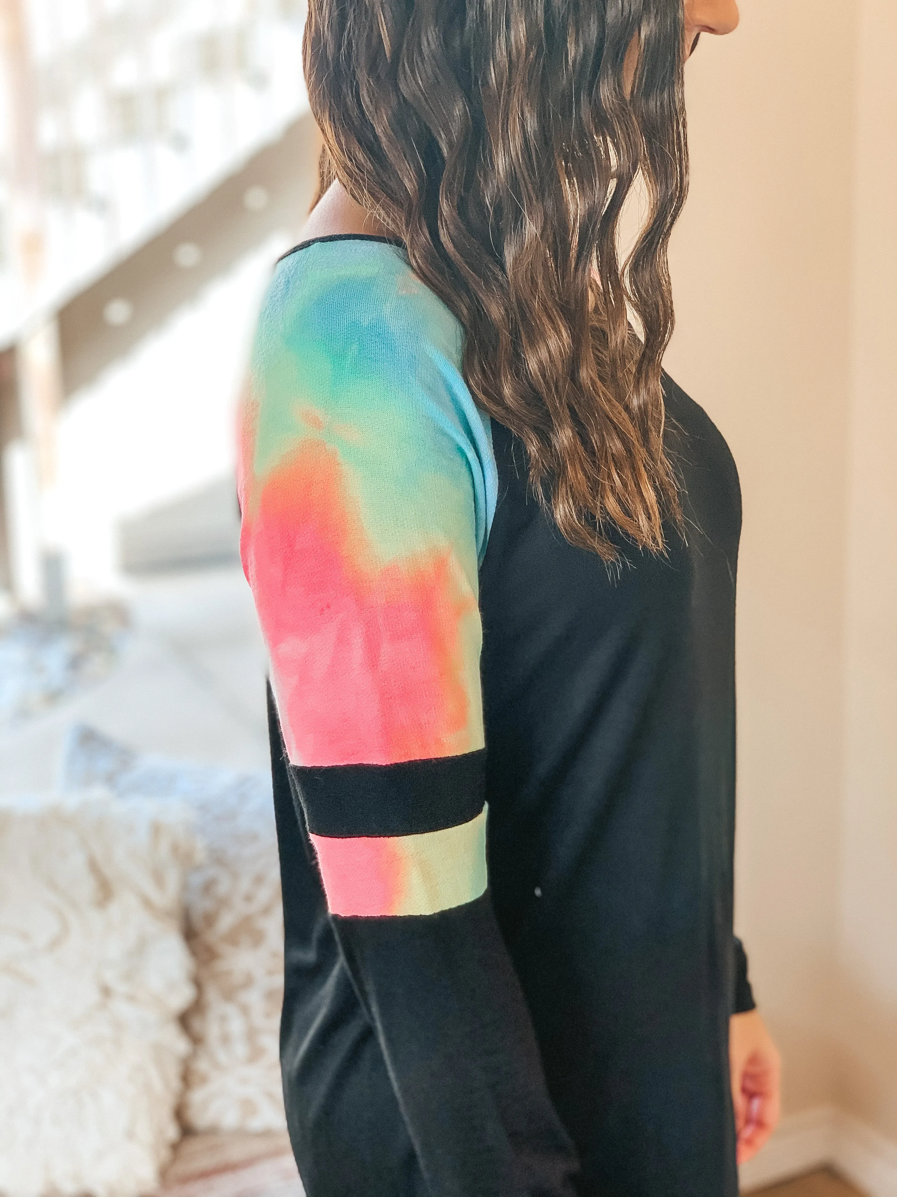 Last Chance Small | Back Again Long Sleeve Pullover Top with Neon Tie Dye Varsity Stripe Shoulder in Black