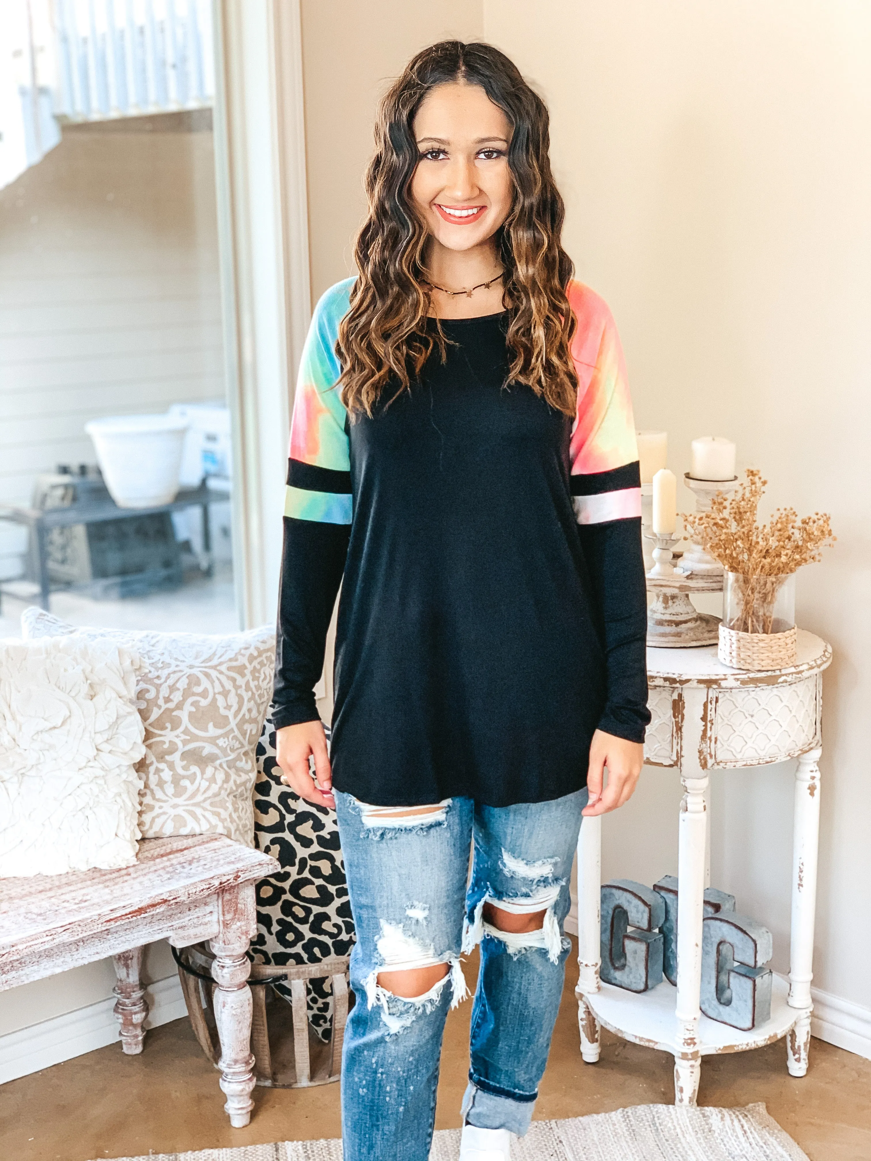 Last Chance Small | Back Again Long Sleeve Pullover Top with Neon Tie Dye Varsity Stripe Shoulder in Black