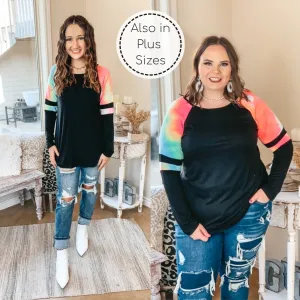 Last Chance Small | Back Again Long Sleeve Pullover Top with Neon Tie Dye Varsity Stripe Shoulder in Black
