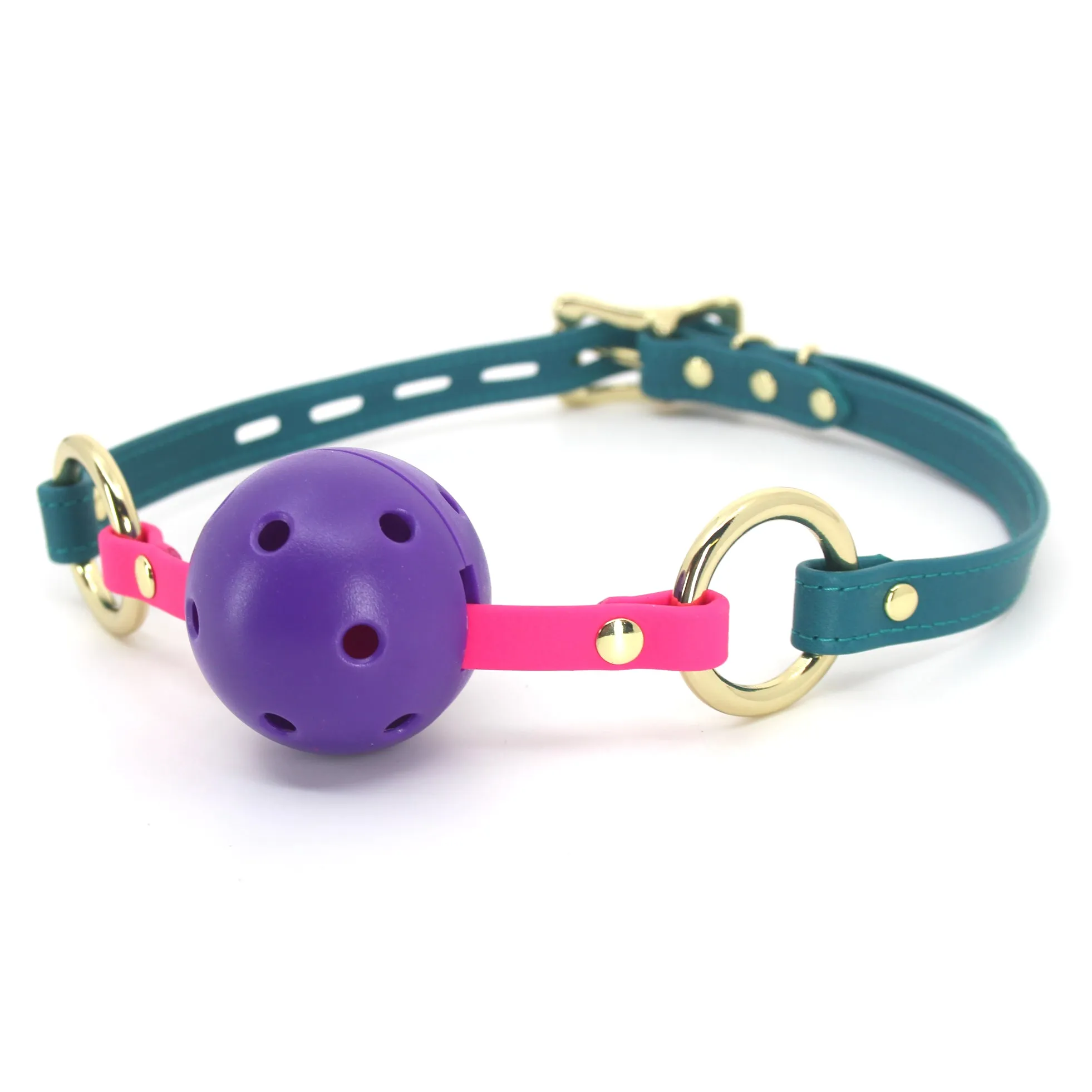 Leather Breathable Ball Gag - Teal and Gold