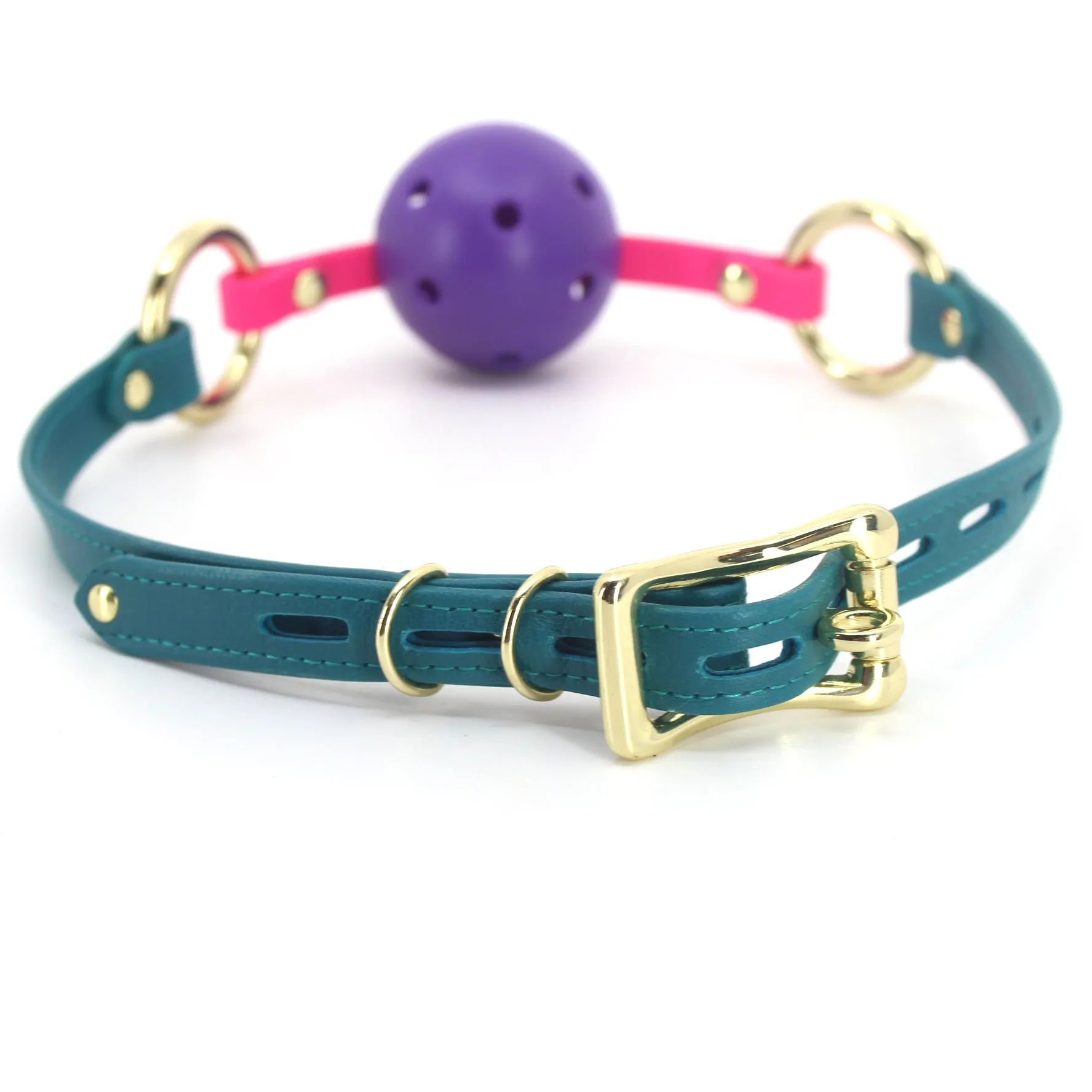 Leather Breathable Ball Gag - Teal and Gold