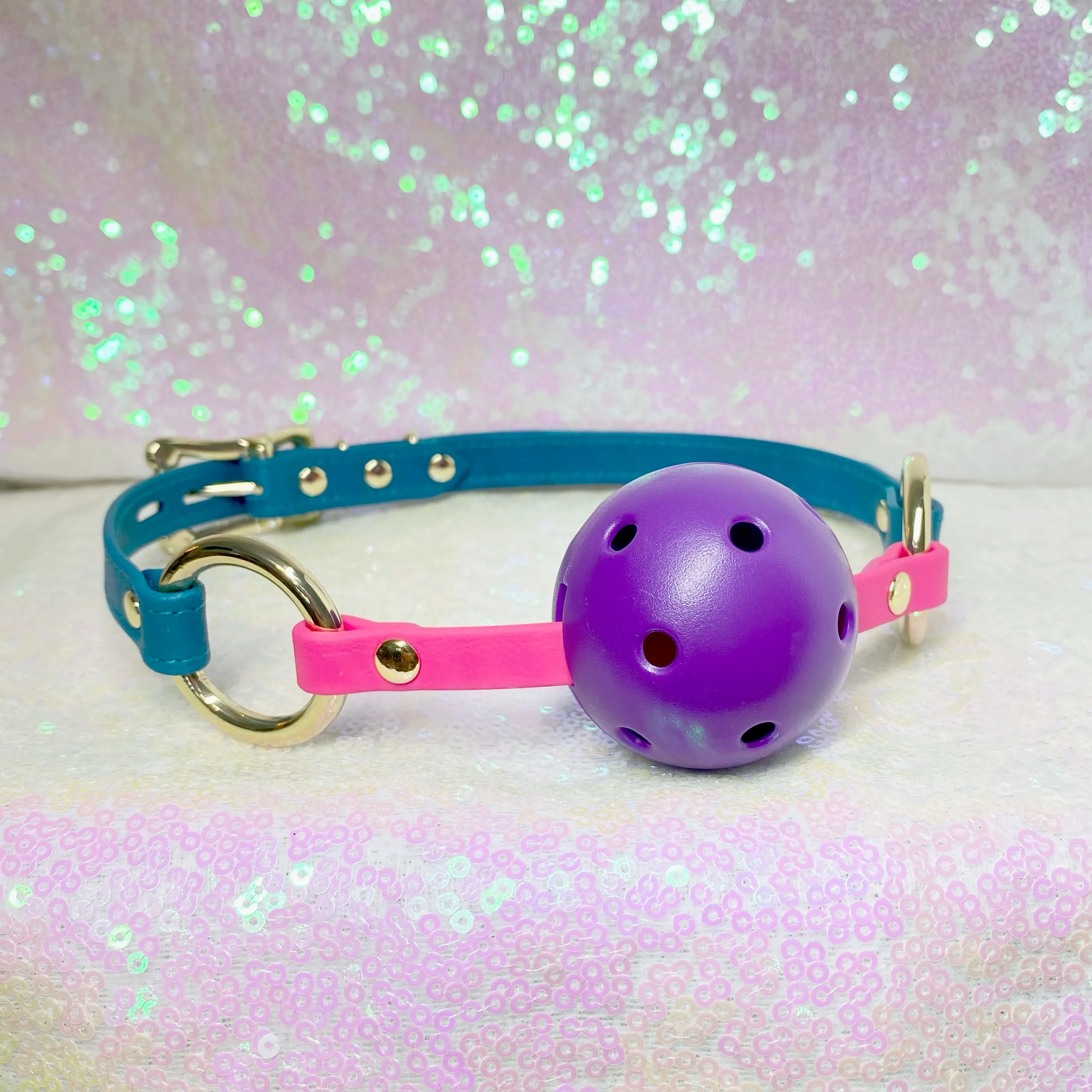 Leather Breathable Ball Gag - Teal and Gold
