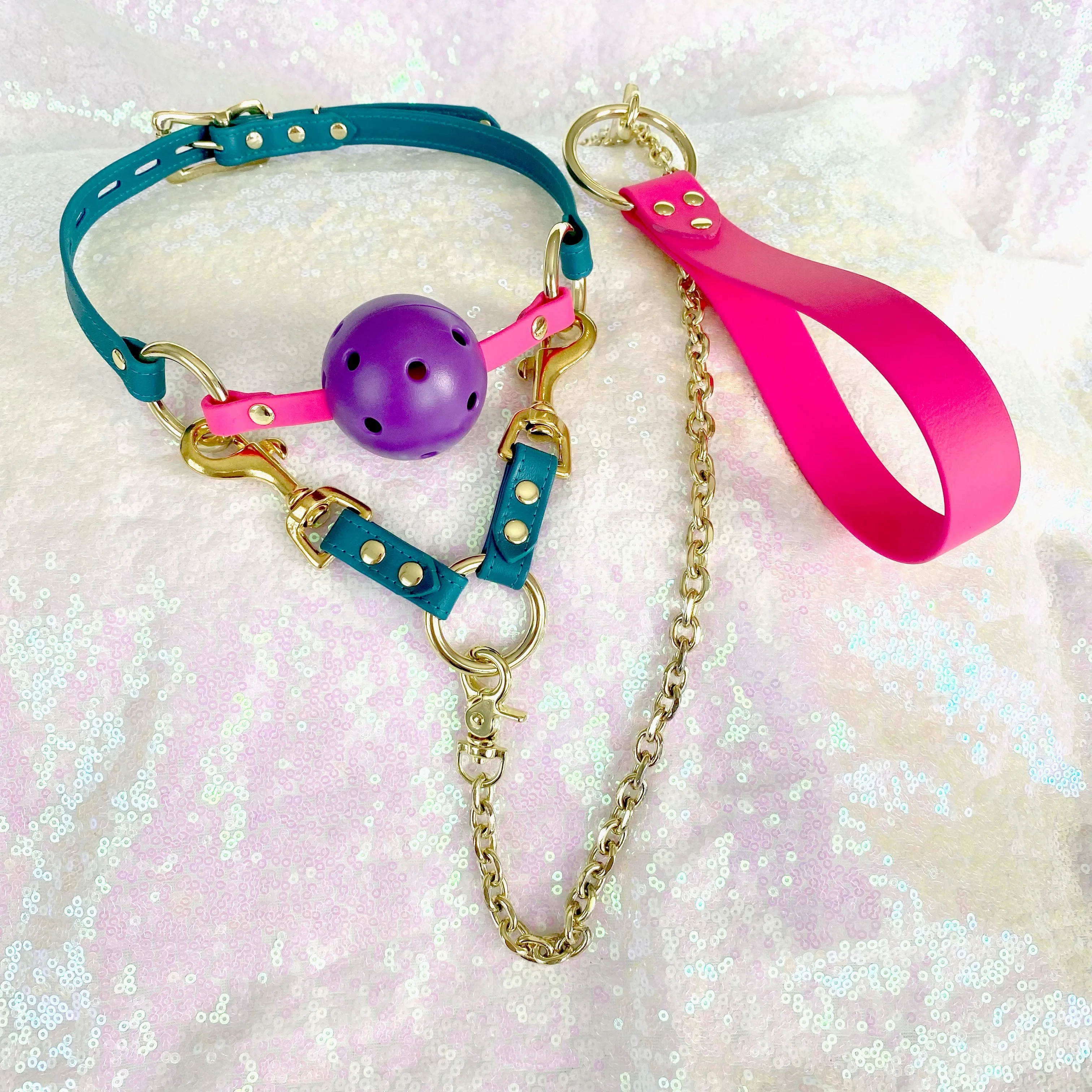 Leather Breathable Ball Gag - Teal and Gold