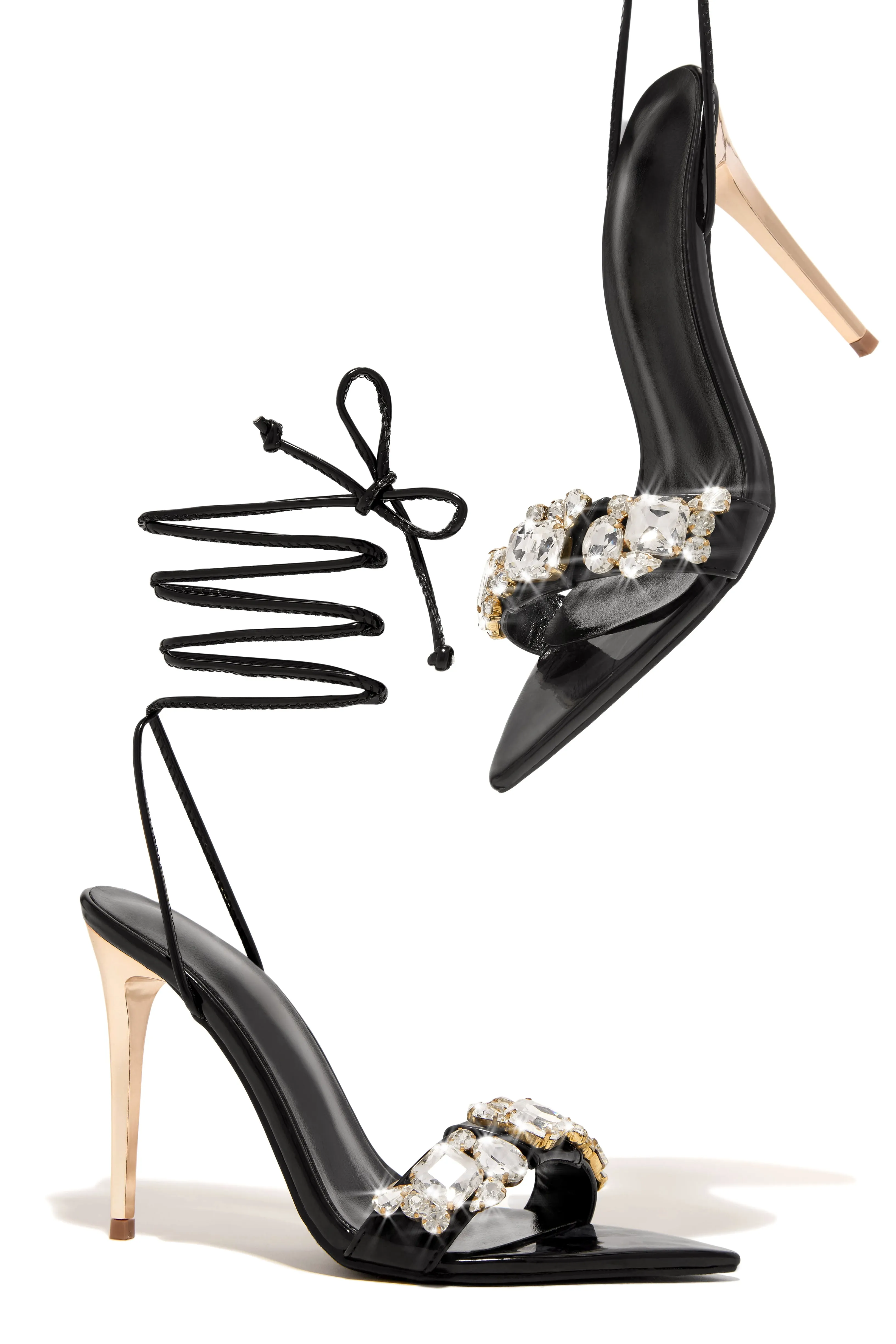 Love & Affection Embellished Lace Up High Heels - Black