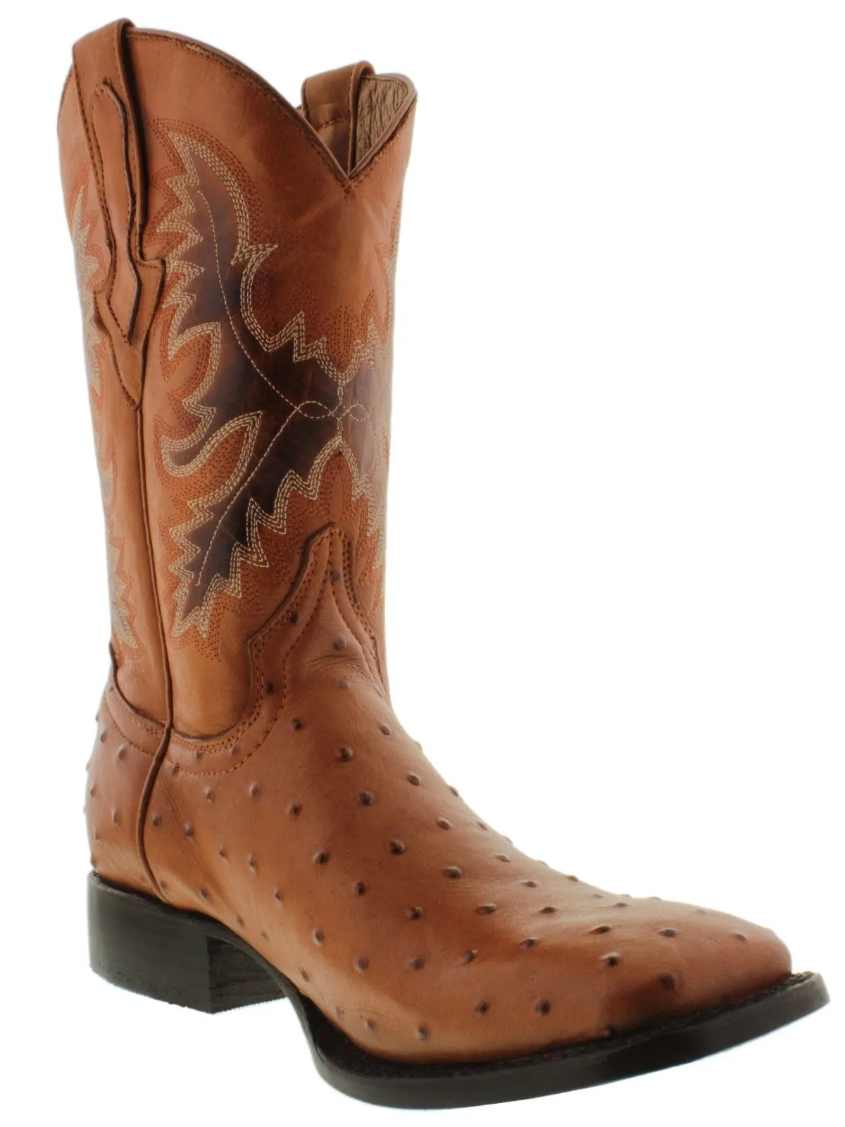 Men's Cognac Ostrich Quill Pattern Cowboy Boots Dark Sole - Square Toe