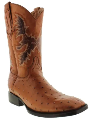 Men's Cognac Ostrich Quill Pattern Cowboy Boots Dark Sole - Square Toe
