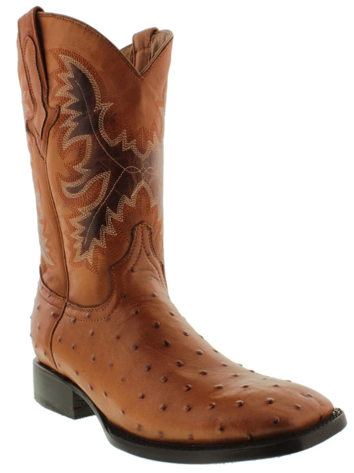 Men's Cognac Ostrich Quill Pattern Cowboy Boots Dark Sole - Square Toe