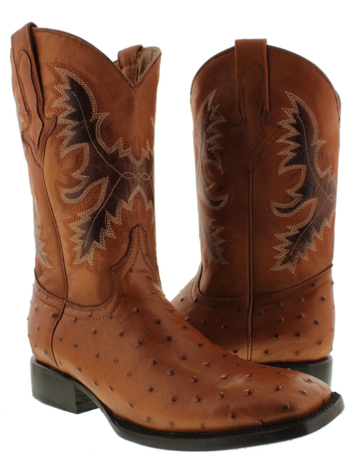 Men's Cognac Ostrich Quill Pattern Cowboy Boots Dark Sole - Square Toe