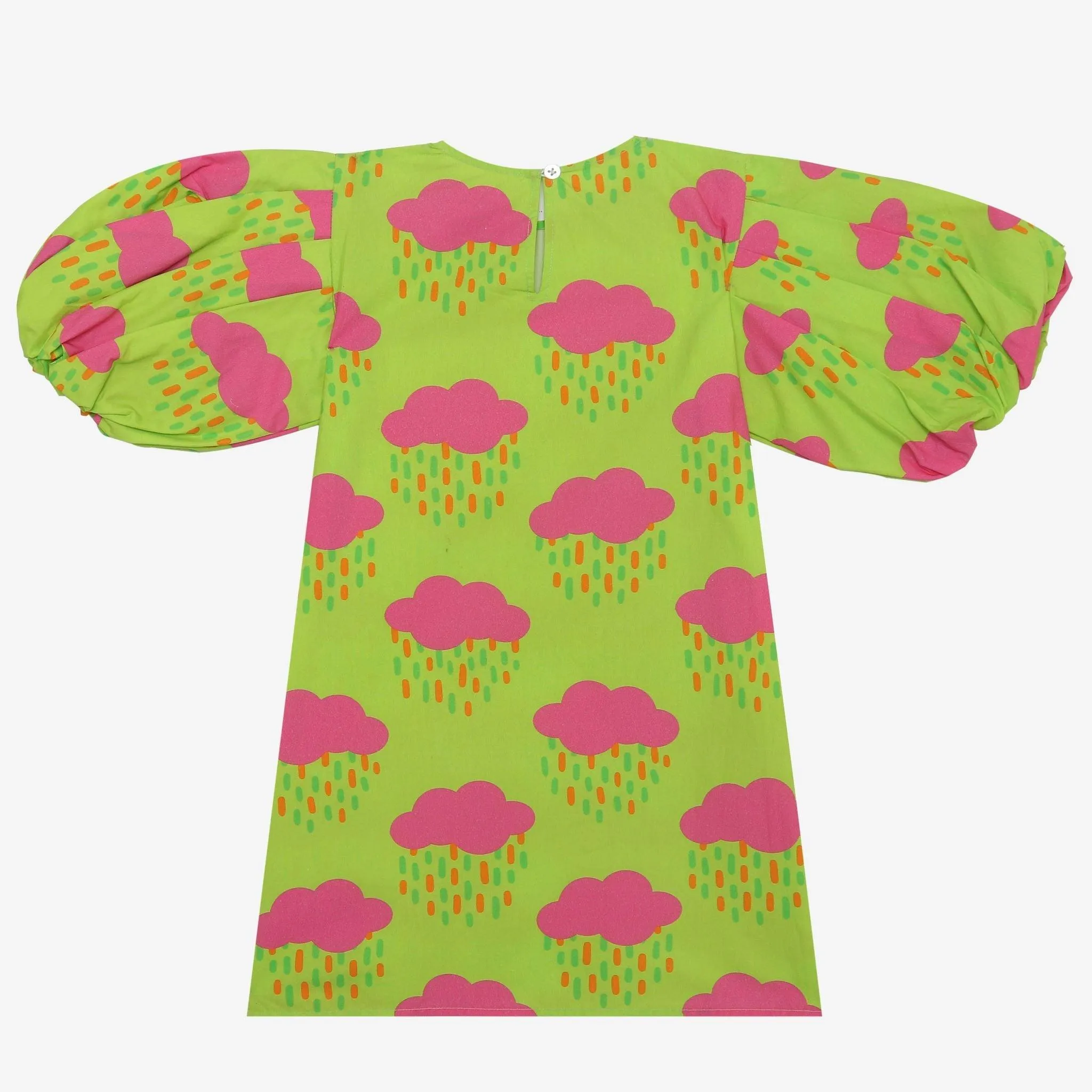 Meringue- Puffed Sleeve Neon Green Dress with Pink Clouds for Girls