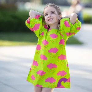 Meringue- Puffed Sleeve Neon Green Dress with Pink Clouds for Girls