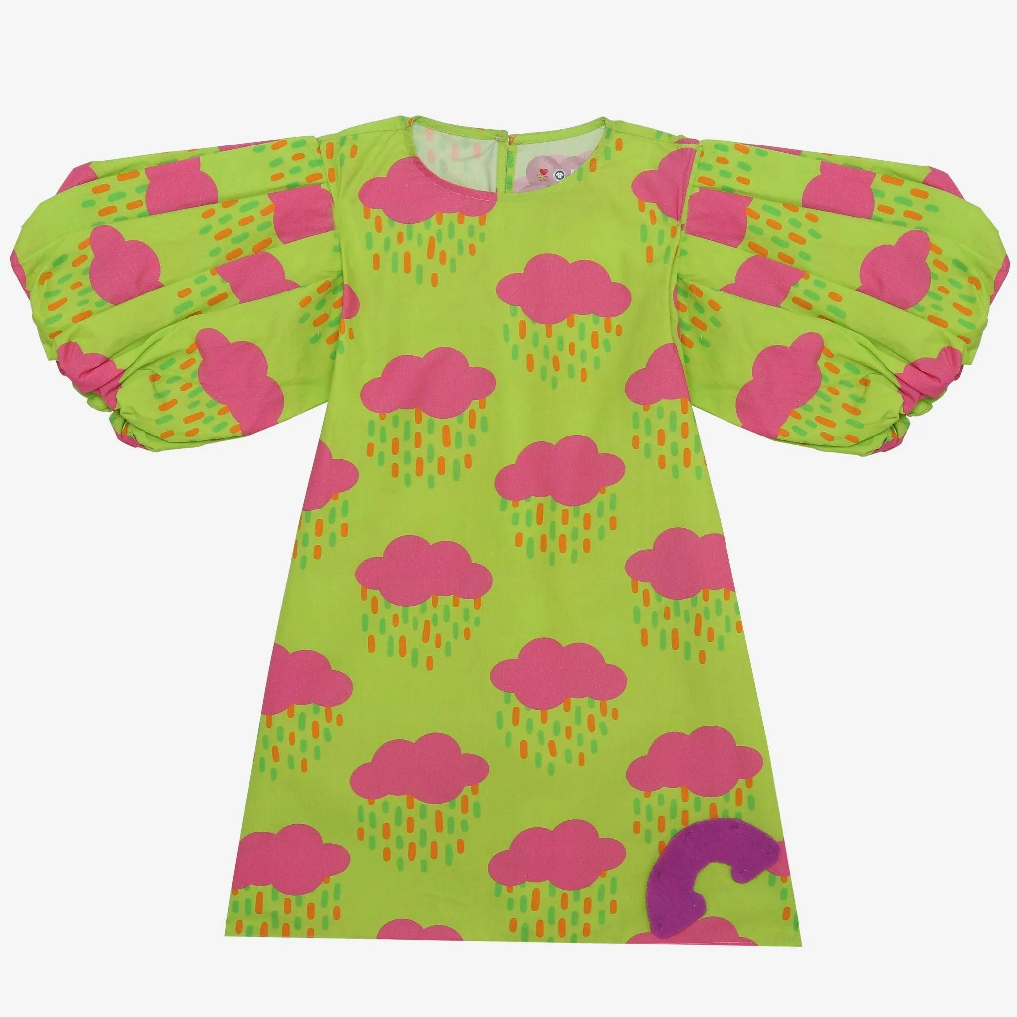 Meringue- Puffed Sleeve Neon Green Dress with Pink Clouds for Girls