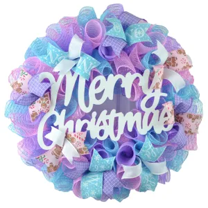 Merry Christmas Pastel Wreath - Christmas Decor - Outdoor Front Door Wreath - Pink Purple Turquoise White Gingerbread