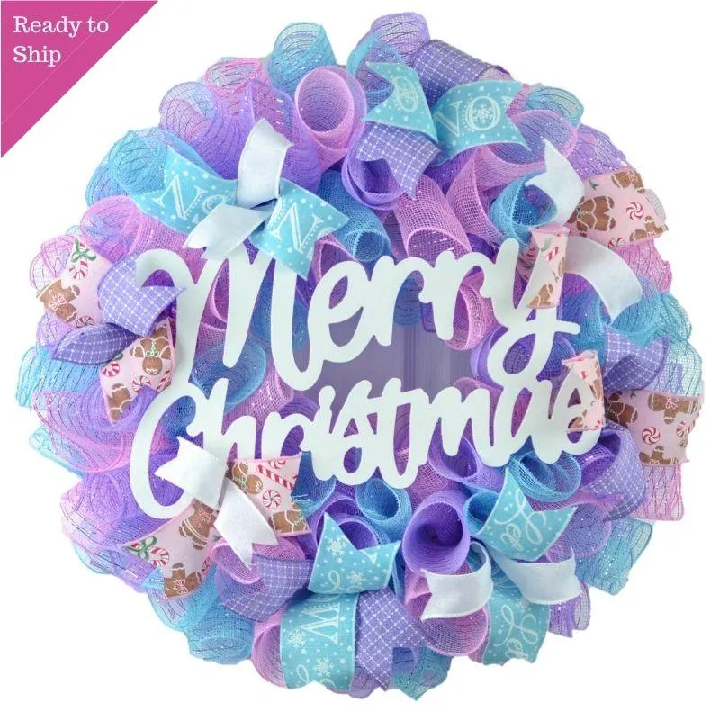 Merry Christmas Pastel Wreath - Christmas Decor - Outdoor Front Door Wreath - Pink Purple Turquoise White Gingerbread