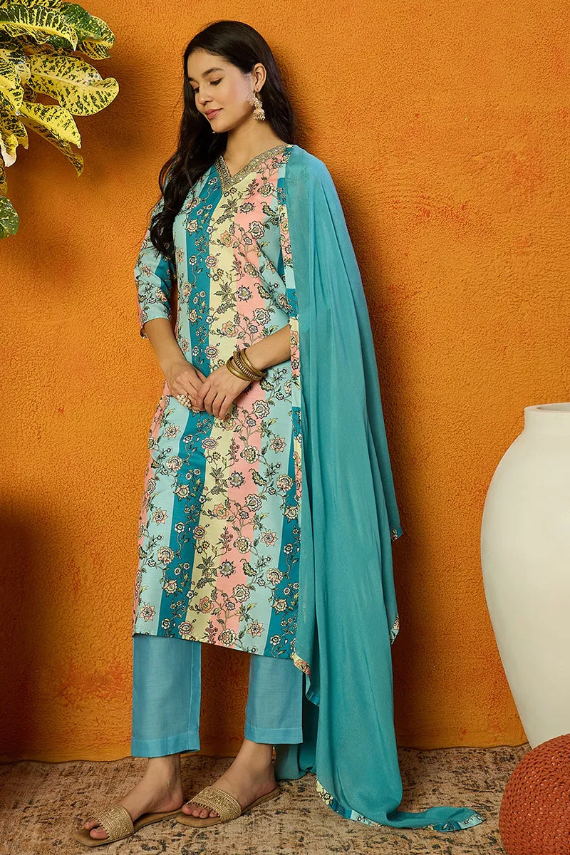 Multi Color Cotton Blend Floral Printed Straight Suit Set