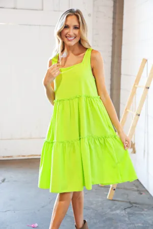 Neon Green Crepe Square Neck Tiered Frill Dress